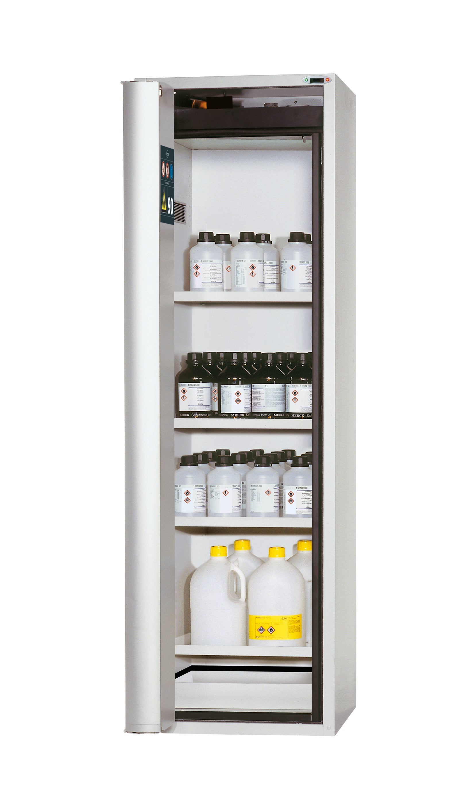 Type 90 safety cabinet S-PHOENIX touchless-90 model S90.196.060.FDAO in light gray RAL 7035 with 4x standard shelves (sheet steel)