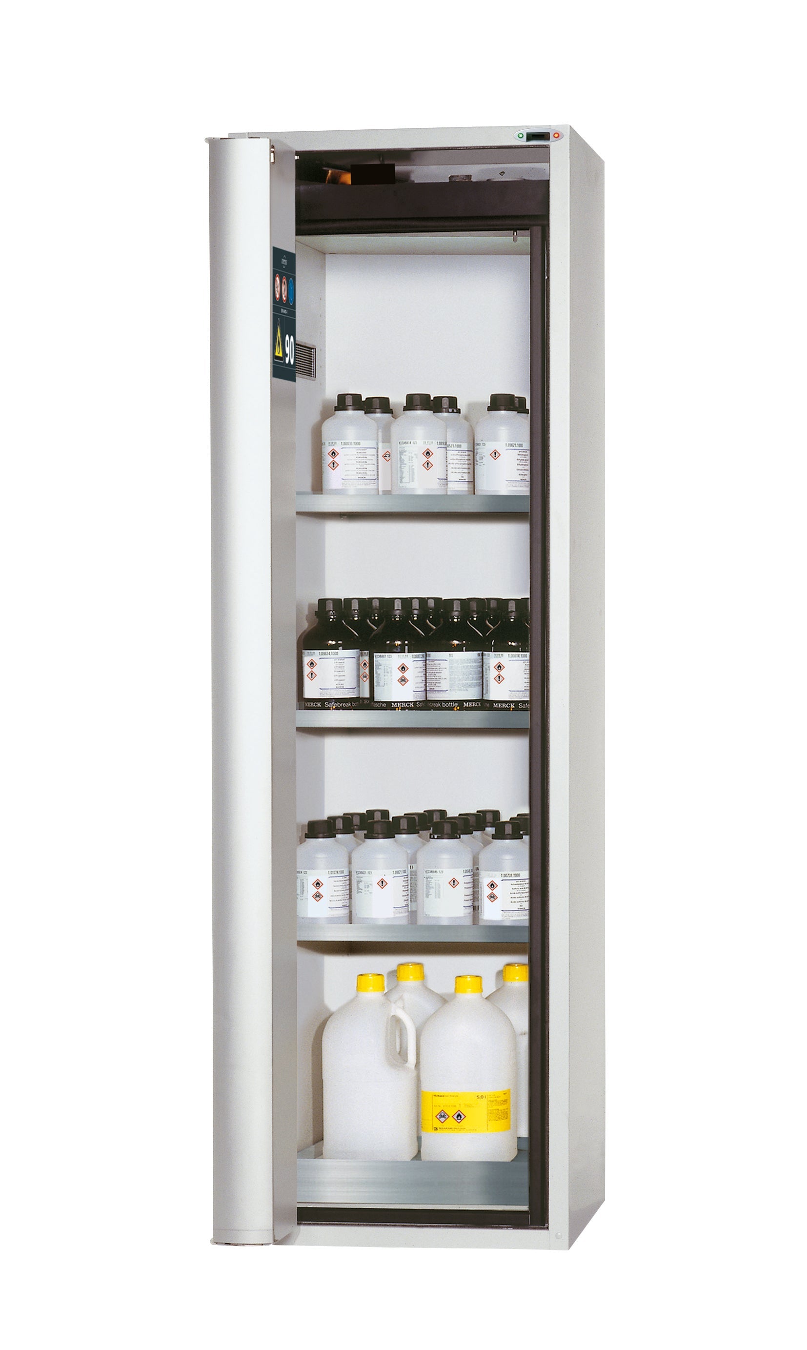 Type 90 safety cabinet S-PHOENIX touchless-90 model S90.196.060.FDAO in light gray RAL 7035 with 3x standard shelves (stainless steel 1.4301)