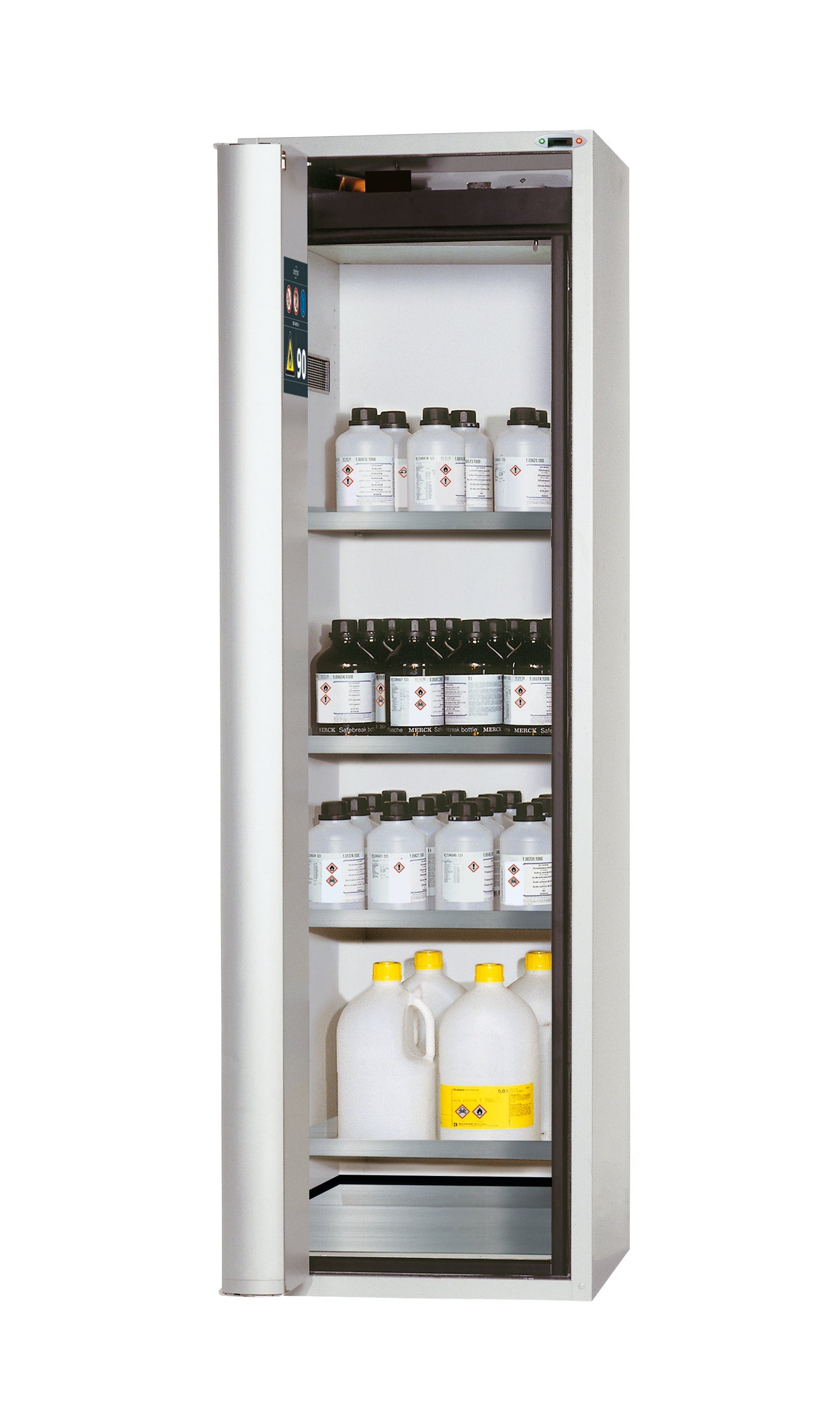 Type 90 safety cabinet S-PHOENIX touchless-90 model S90.196.060.FDAO in light gray RAL 7035 with 4x standard shelves (stainless steel 1.4301)