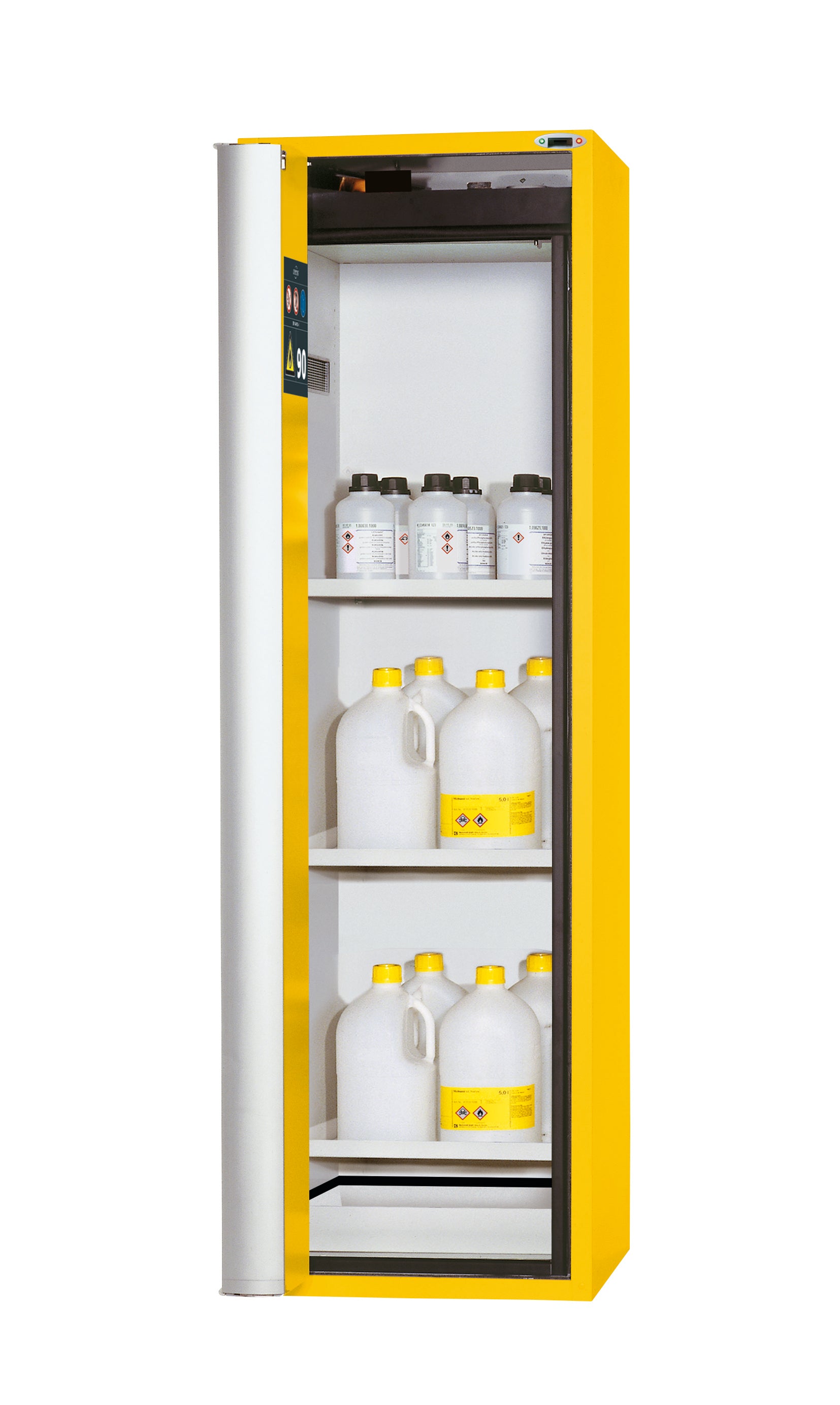 Type 90 safety cabinet S-PHOENIX touchless-90 model S90.196.060.FDAO in safety yellow RAL 1004 with 3x standard shelves (sheet steel)