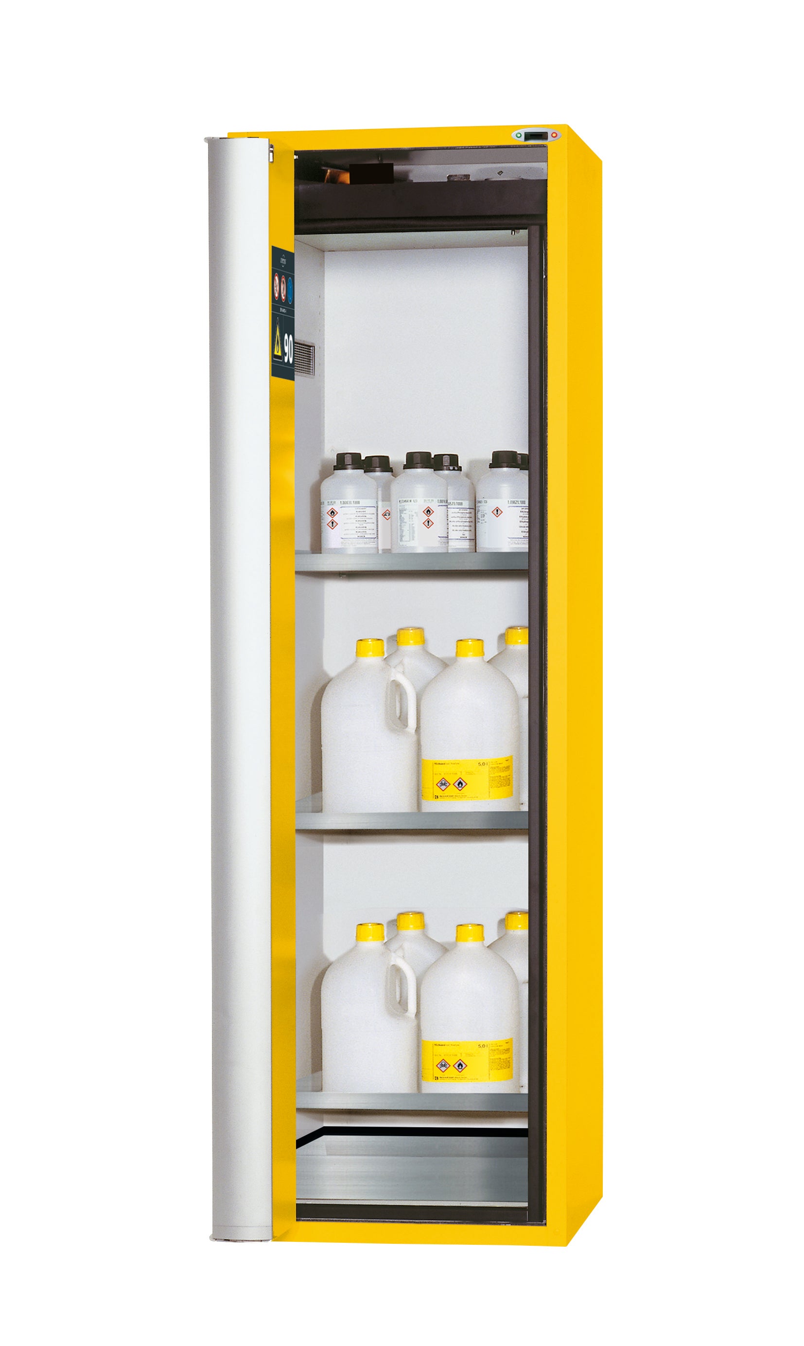 Type 90 safety cabinet S-PHOENIX touchless-90 model S90.196.060.FDAO in safety yellow RAL 1004 with 3x standard shelves (stainless steel 1.4301)
