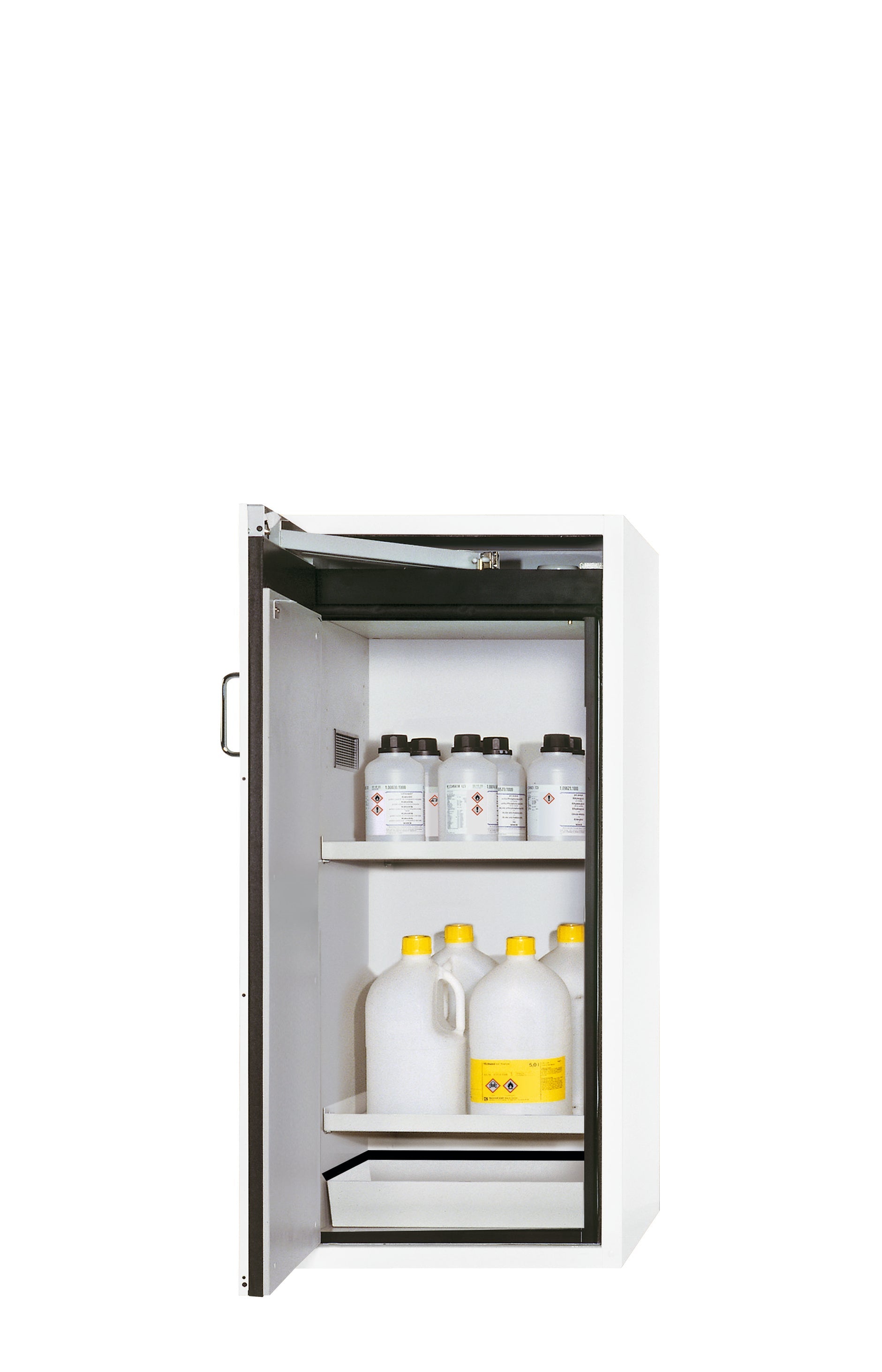 Armoire de sécurité type 90 S-CLASSIC-90 modèle S90.129.060.WDAS en blanc de laboratoire (similaire à RAL 9016) avec 2 étagères standard (tôle d'acier)