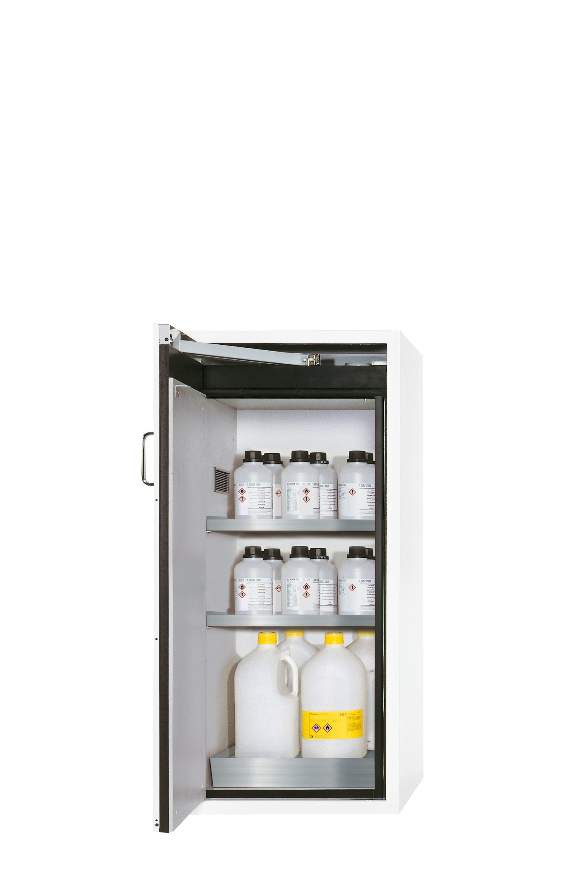 Armoire de sécurité type 90 S-CLASSIC-90 modèle S90.129.060.WDAS en blanc de laboratoire (similaire à RAL 9016) avec 2 étagères standard (acier inoxydable 1.4301)