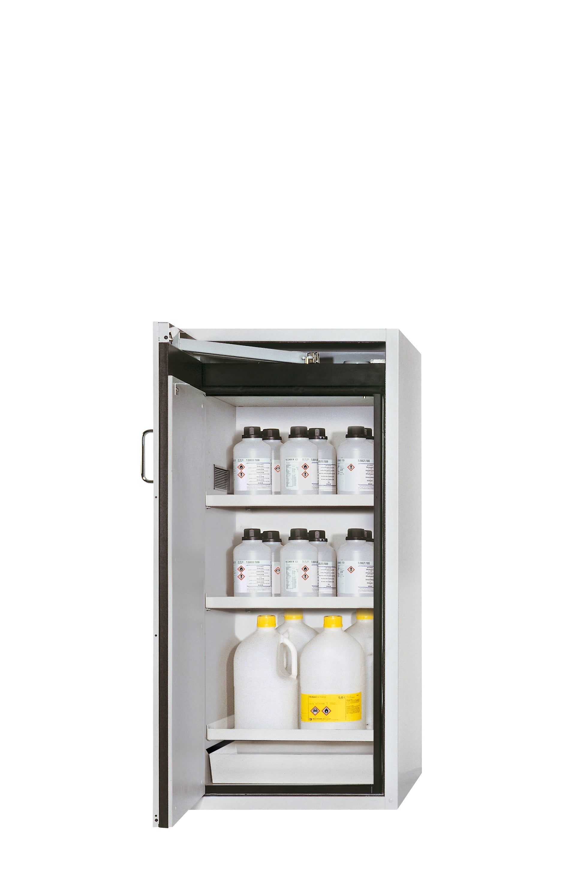 Type 90 safety cabinet S-PEGASUS-90 model S90.129.060.WDAC in light gray RAL 7035 with 3x standard shelves (sheet steel)