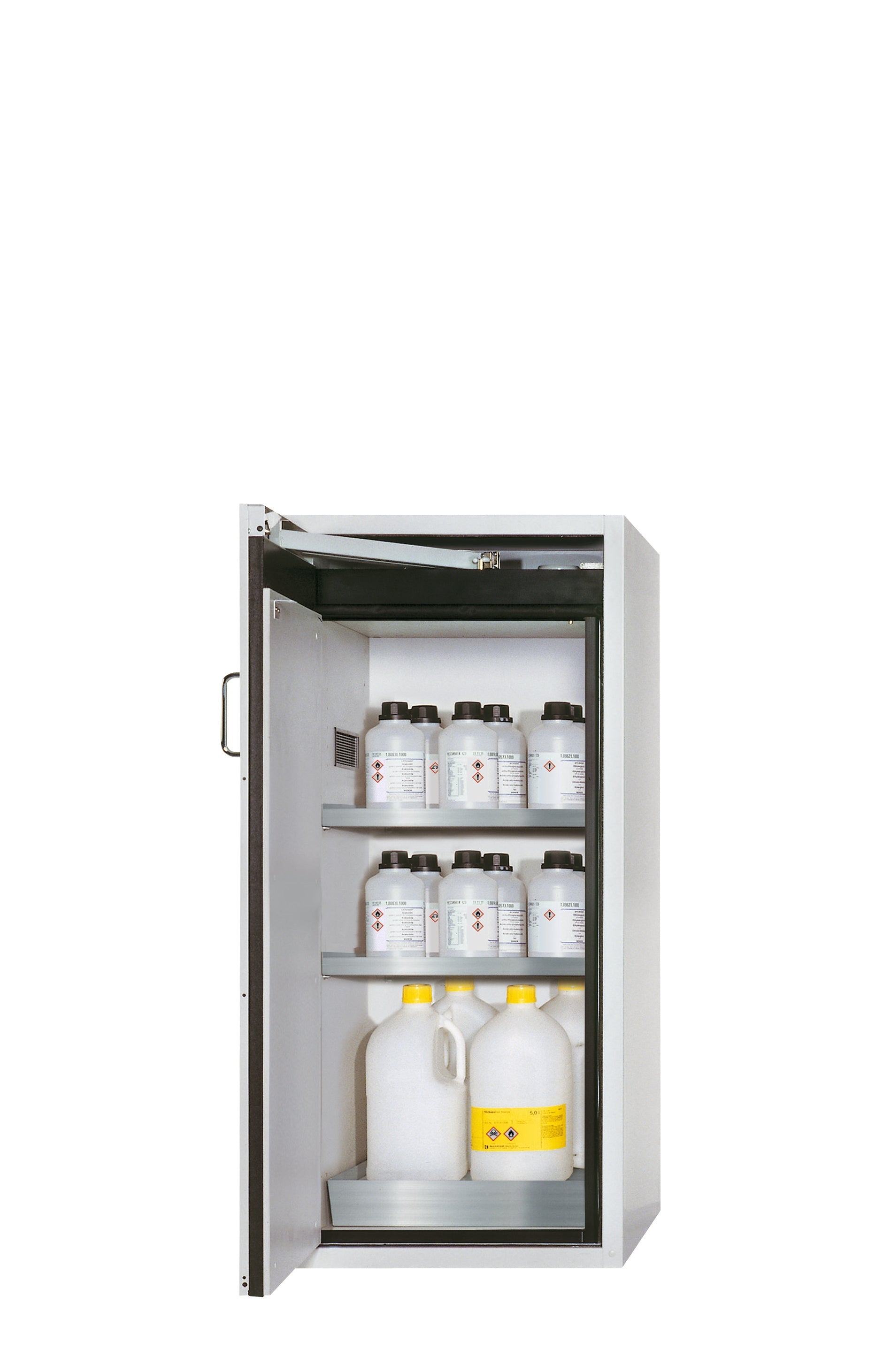 Type 90 safety cabinet S-PEGASUS-90 model S90.129.060.WDAC in light gray RAL 7035 with 2x standard shelves (stainless steel 1.4301)