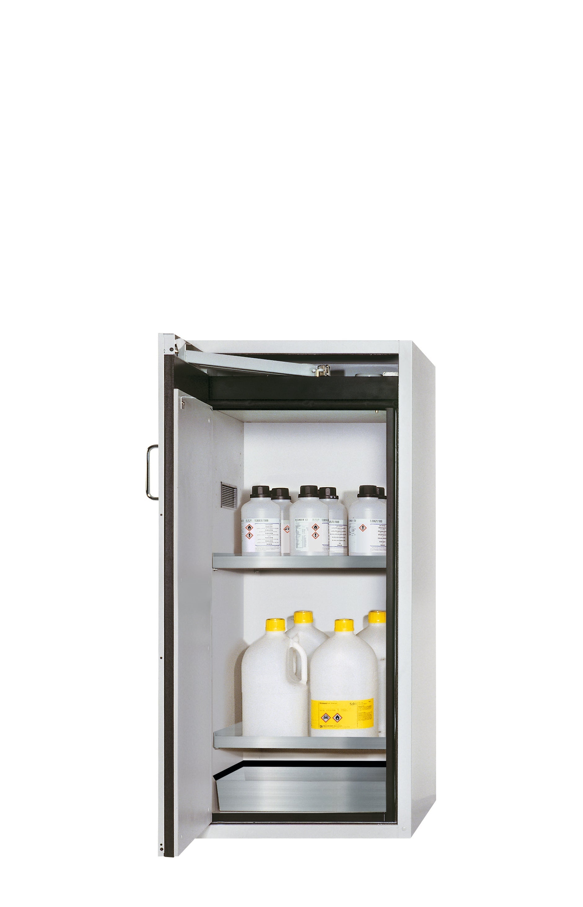 Type 90 safety cabinet S-PEGASUS-90 model S90.129.060.WDAC in light gray RAL 7035 with 2x standard shelves (stainless steel 1.4301)