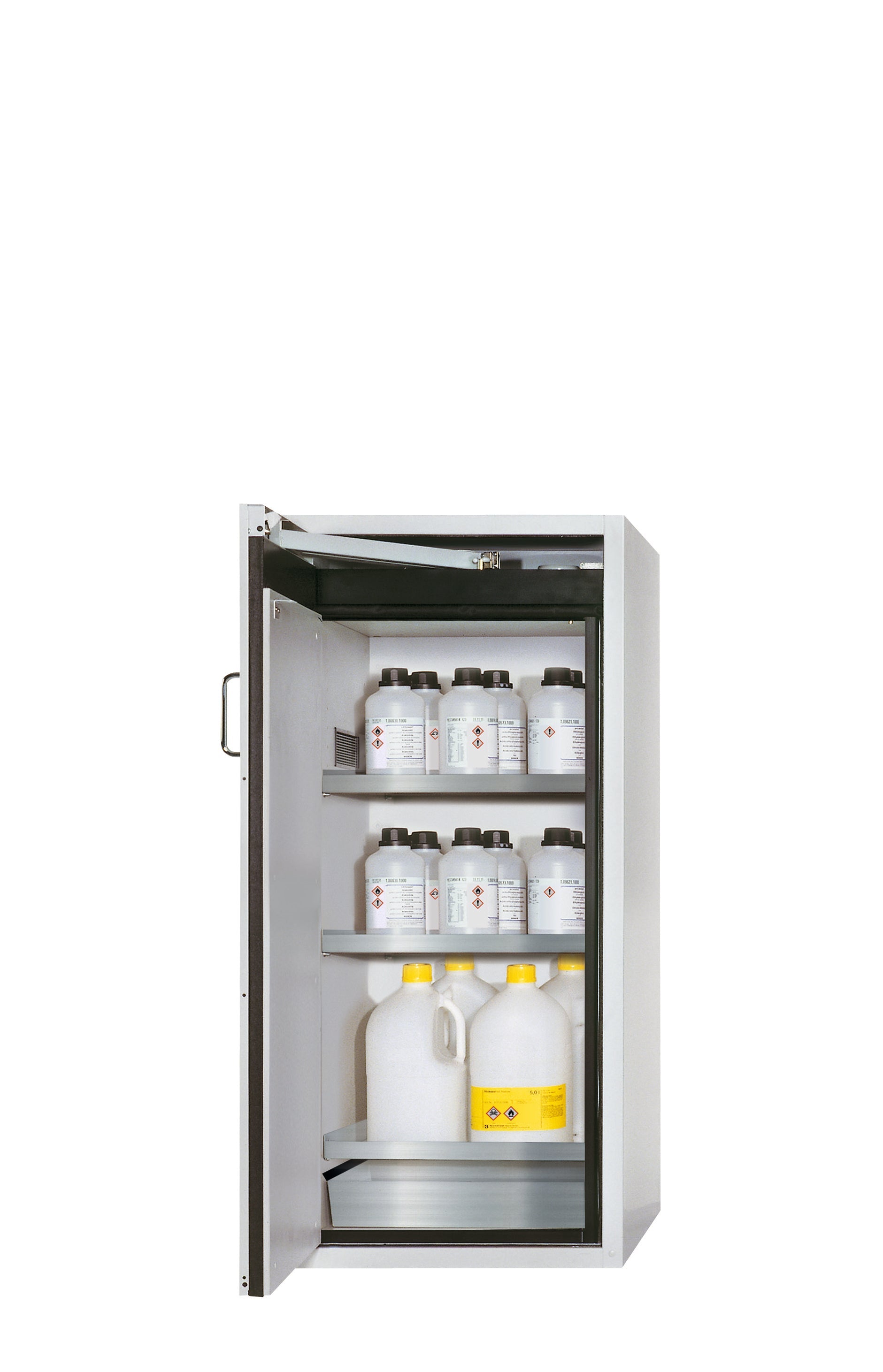 Type 90 safety cabinet S-PEGASUS-90 model S90.129.060.WDAC in light gray RAL 7035 with 3x standard shelves (stainless steel 1.4301)