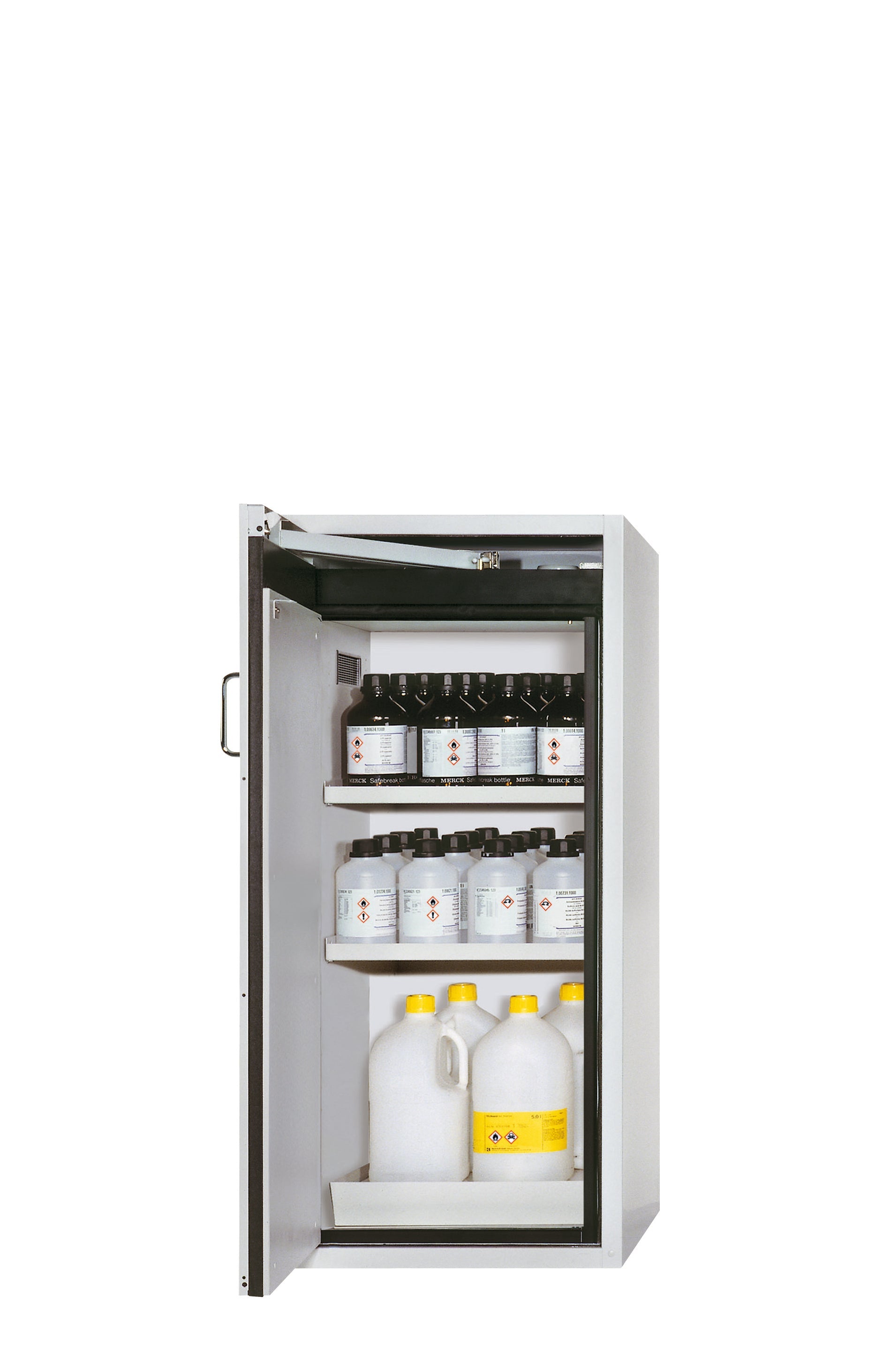 Type 90 safety cabinet S-PEGASUS-90 model S90.129.060.WDAC in light gray RAL 7035 with 3x standard tray base (polypropylene)