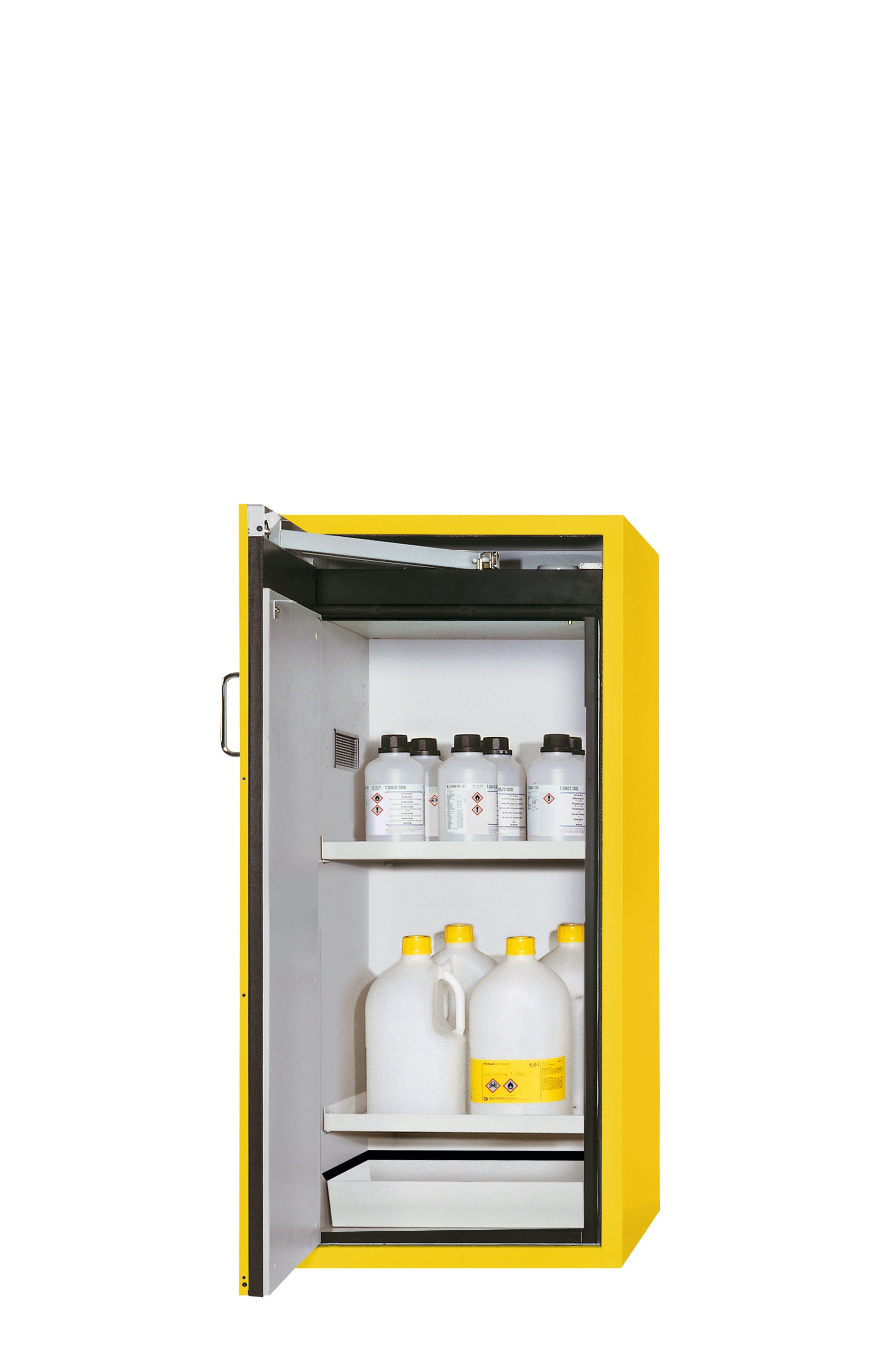 Type 90 safety cabinet S-PEGASUS-90 model S90.129.060.WDAC in safety yellow RAL 1004 with 2x standard shelves (sheet steel)