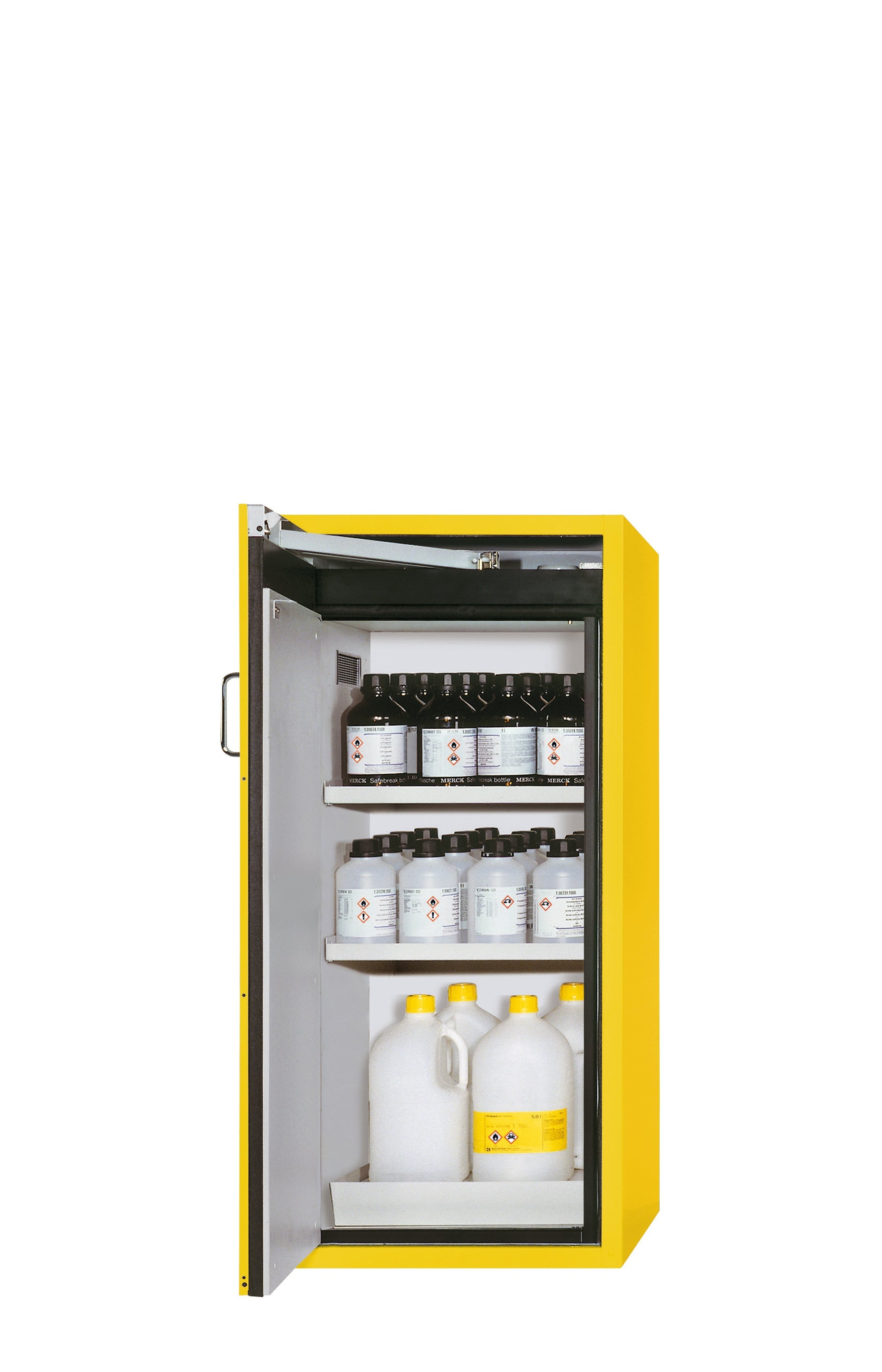 Type 90 safety cabinet S-PEGASUS-90 model S90.129.060.WDAC in safety yellow RAL 1004 with 2x standard shelves (stainless steel 1.4301)
