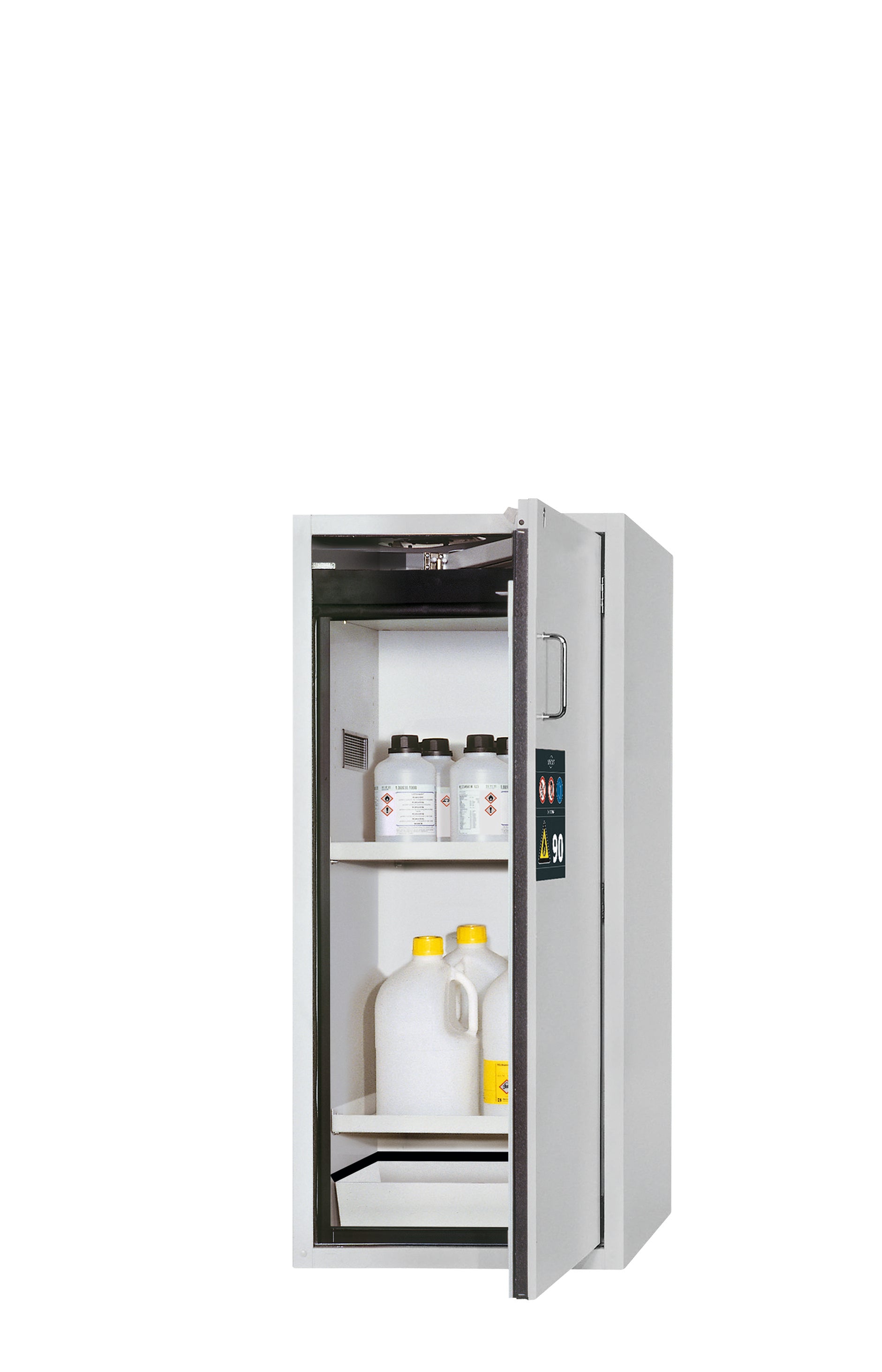 Type 90 safety cabinet S-PEGASUS-90 model S90.129.060.WDACR in light gray RAL 7035 with 2x standard shelves (sheet steel)