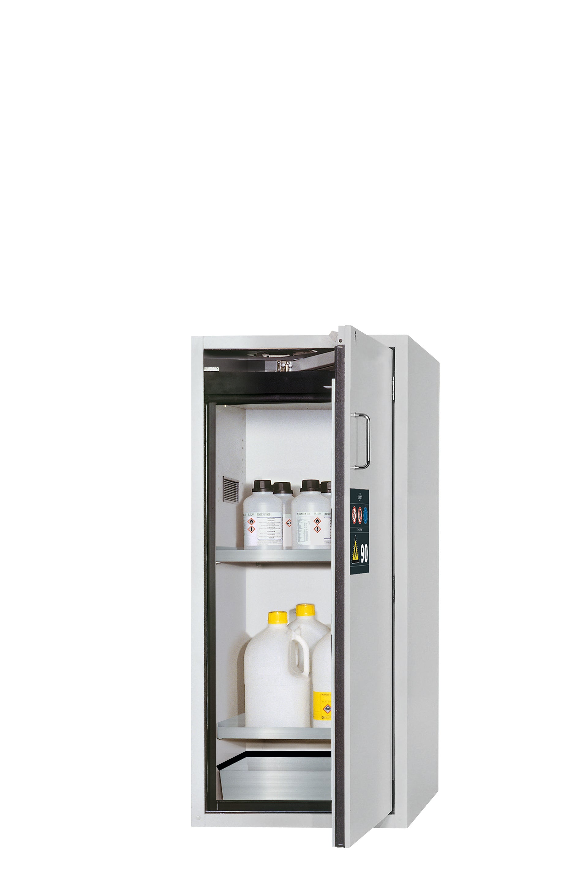 Type 90 safety cabinet S-PEGASUS-90 model S90.129.060.WDACR in light gray RAL 7035 with 2x standard shelves (stainless steel 1.4301)