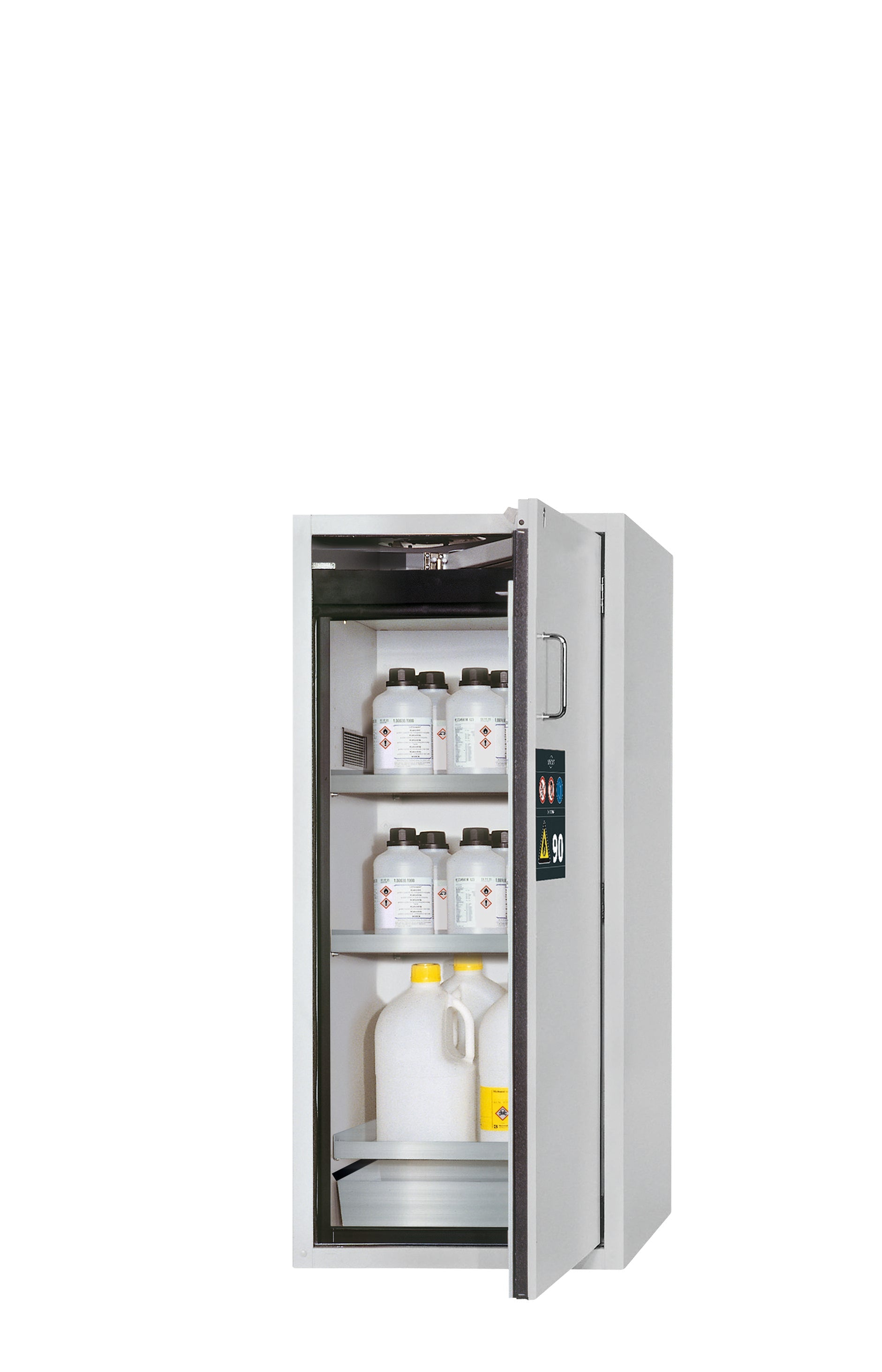 Type 90 safety cabinet S-PEGASUS-90 model S90.129.060.WDACR in light gray RAL 7035 with 3x standard shelves (stainless steel 1.4301)
