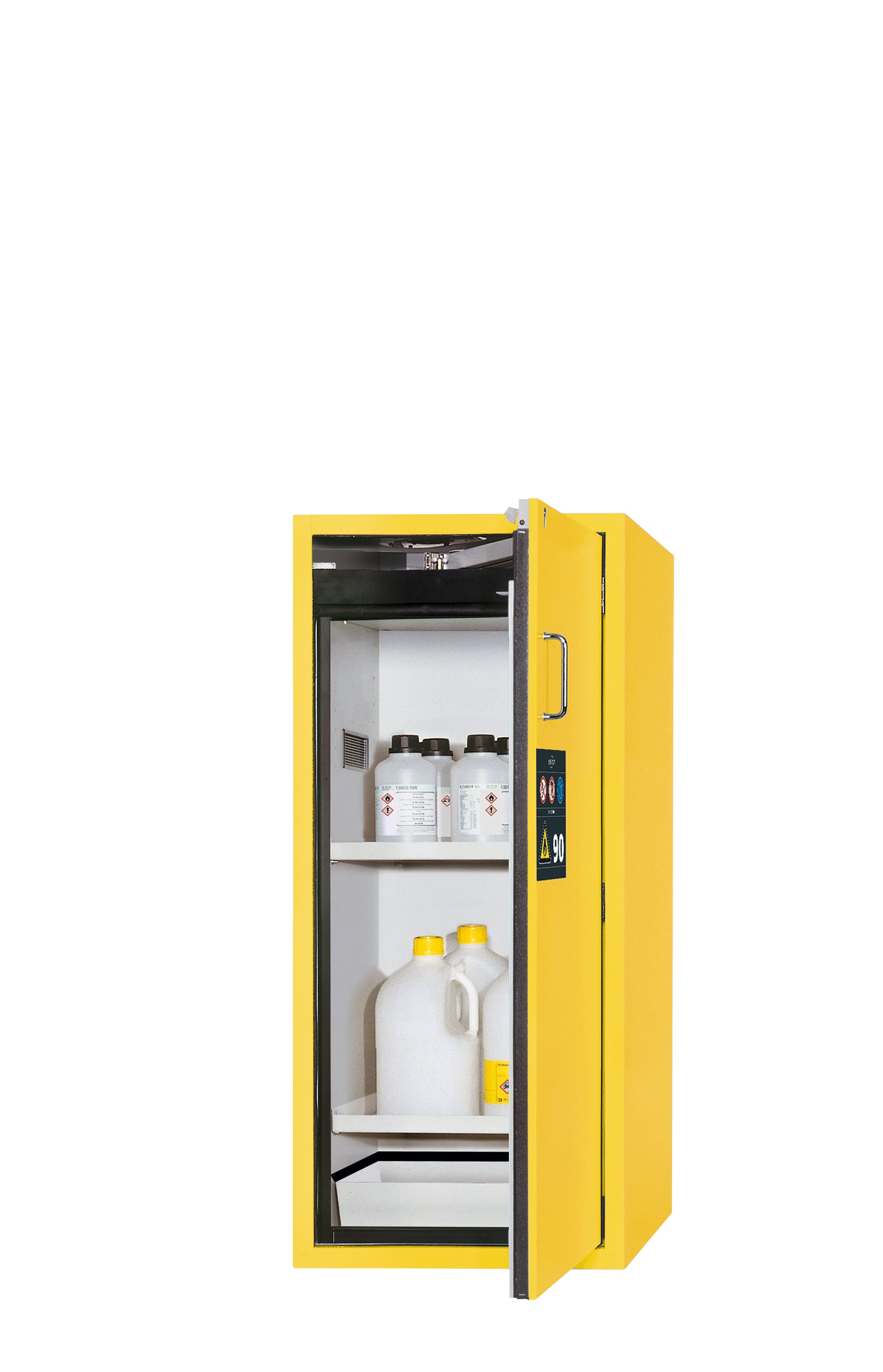Type 90 safety cabinet S-PEGASUS-90 model S90.129.060.WDACR in safety yellow RAL 1004 with 2x standard shelves (sheet steel)