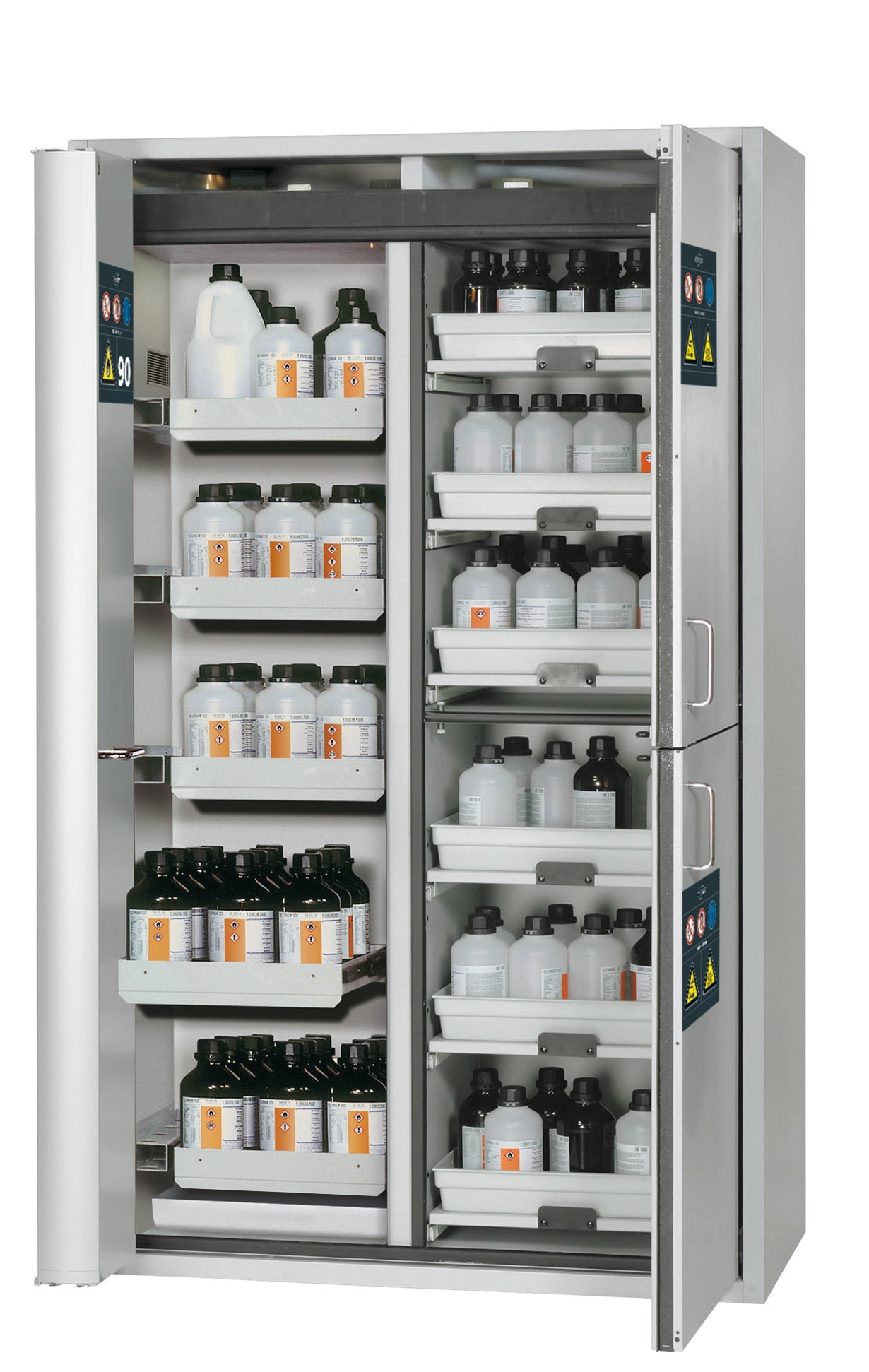 Type 90 combination safety cabinet K-PHOENIX-90 model K90.196.120.MF.FWAS in light gray RAL 7035 with 6x standard pull-out tray (sheet steel)