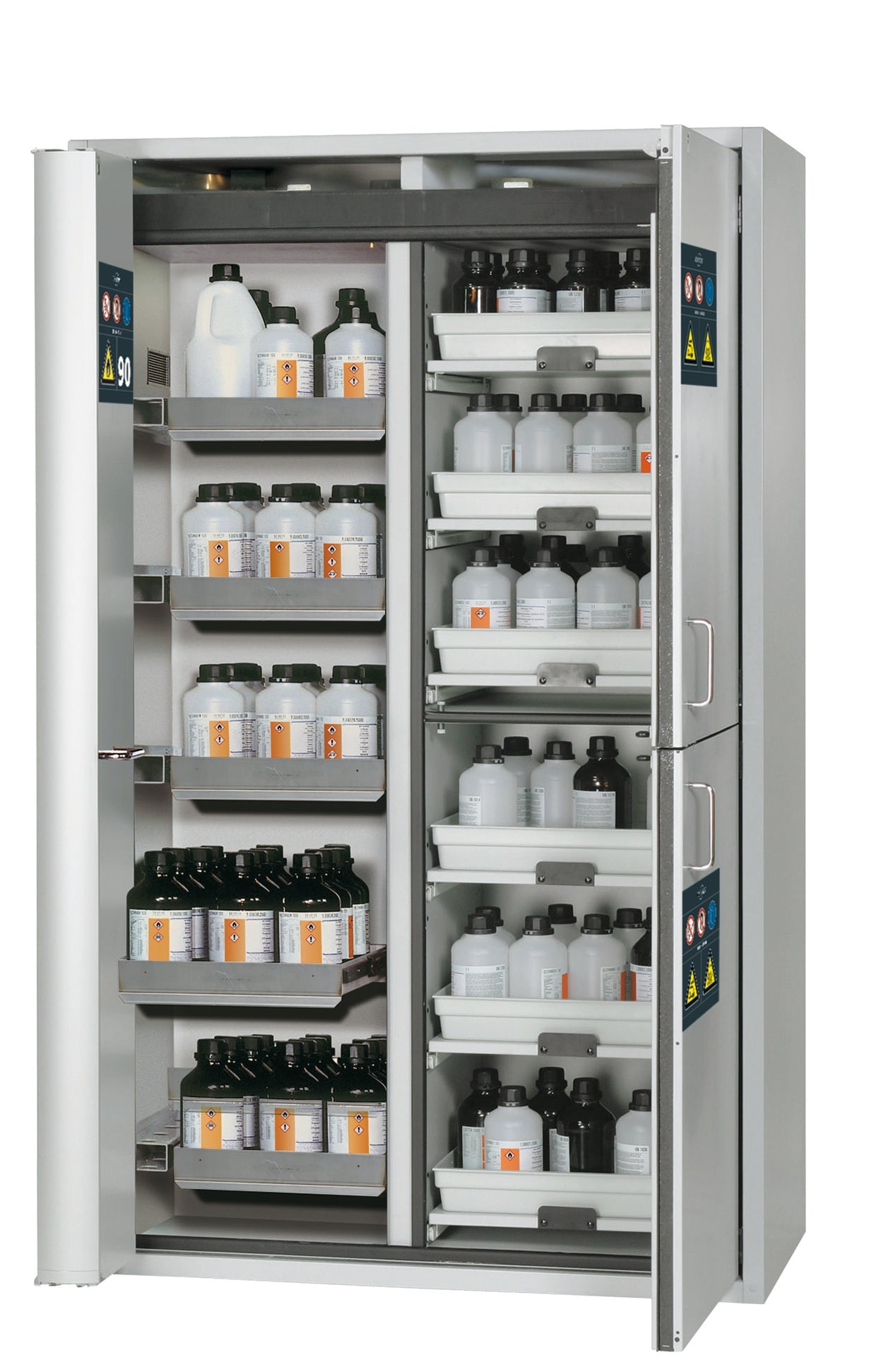 Type 90 combination safety cabinet K-PHOENIX-90 model K90.196.120.MF.FWAS in light gray RAL 7035 with 6x standard pull-out tray (stainless steel 1.4301)