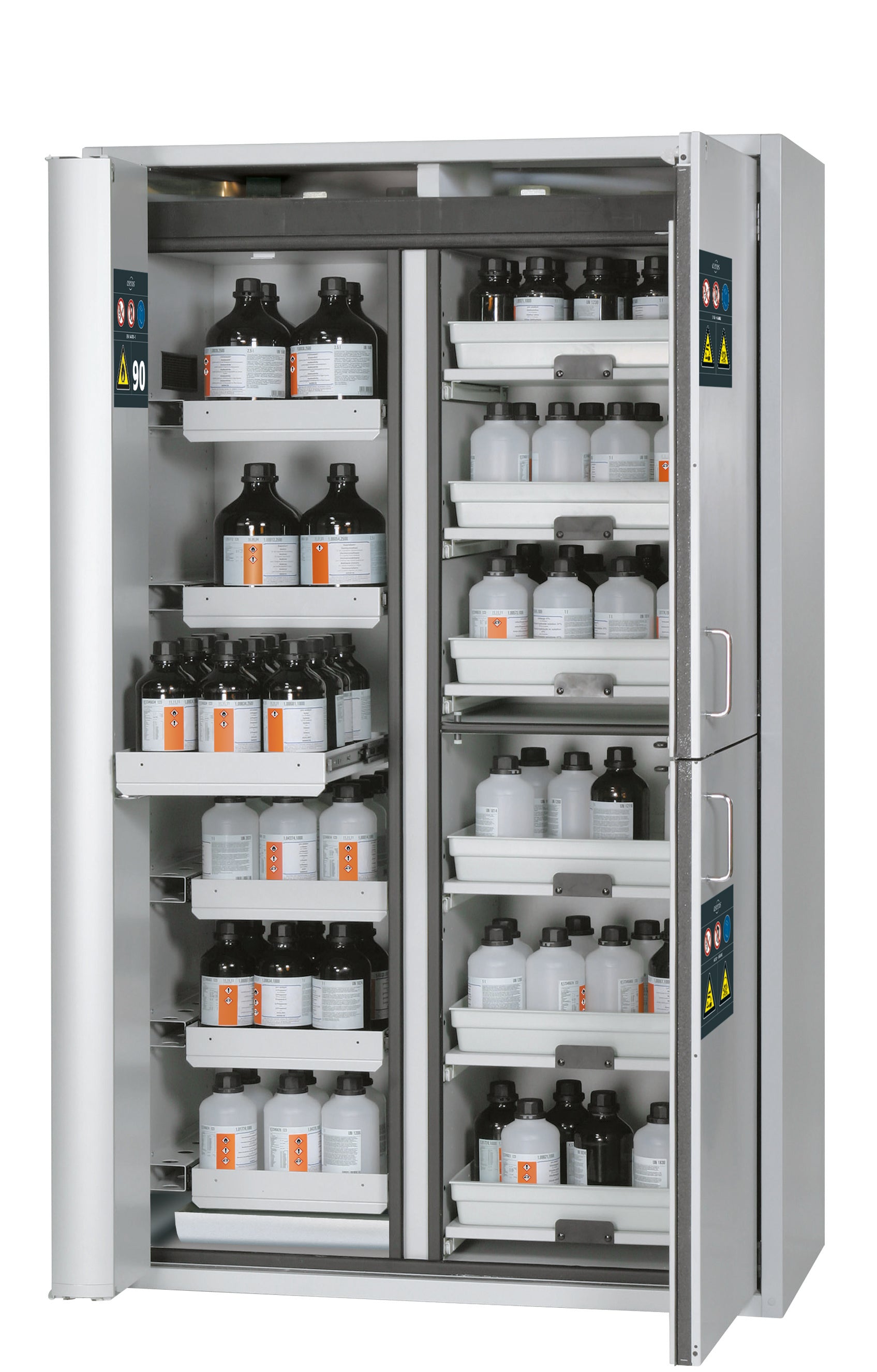 Type 90 combination safety cabinet K-PHOENIX Vol.2-90 model K90.196.120.MF.FWAC in light gray RAL 7035 with 6x standard pull-out tray (sheet steel)