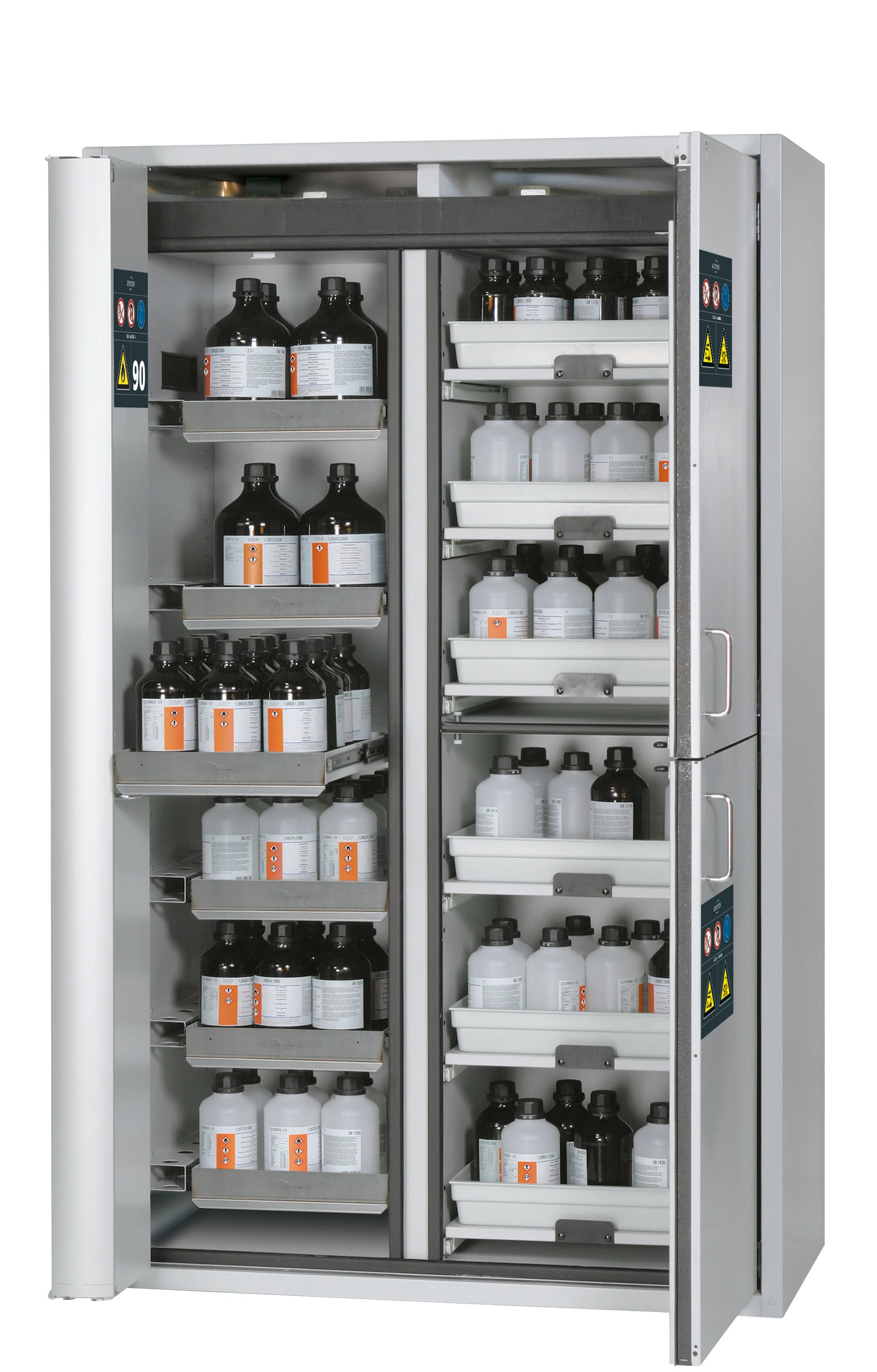 Type 90 combination safety cabinet K-PHOENIX Vol.2-90 model K90.196.120.MF.FWAC in light gray RAL 7035 with 6x standard pull-out tray (stainless steel 1.4301)