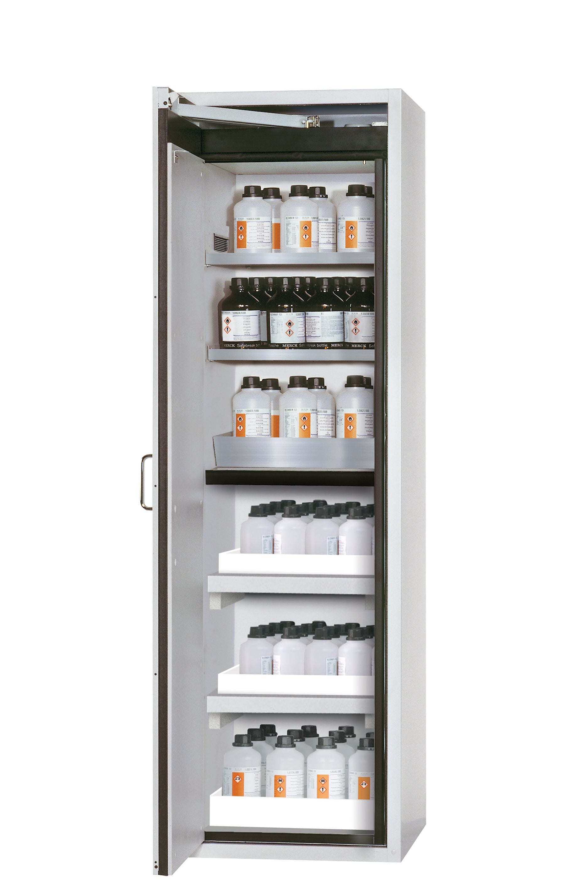 Armoire de sécurité type 90 S-CLASSIC-90 modèle S90.196.060.MH.WDAS en gris clair RAL 7035 avec 2x étagères standard (acier inoxydable 1.4301)
