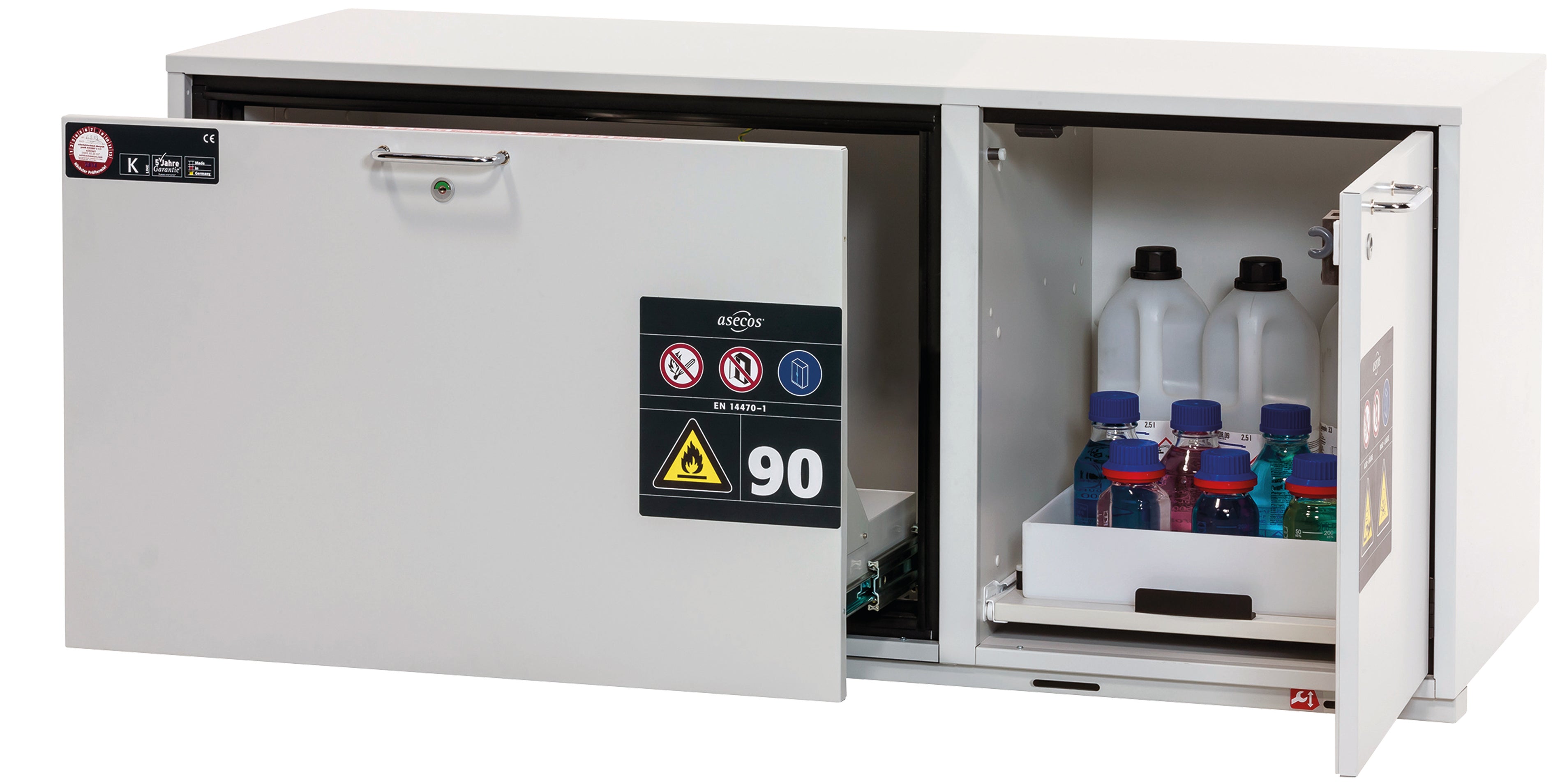 Typ 90 Kombi-Sicherheitsschrank K-UB-90 Modell K90.060.140.050.UB.ST in lichtgrau RAL 7035 mit 1x Schubladenwanne STAWA-R (Stahlblech)