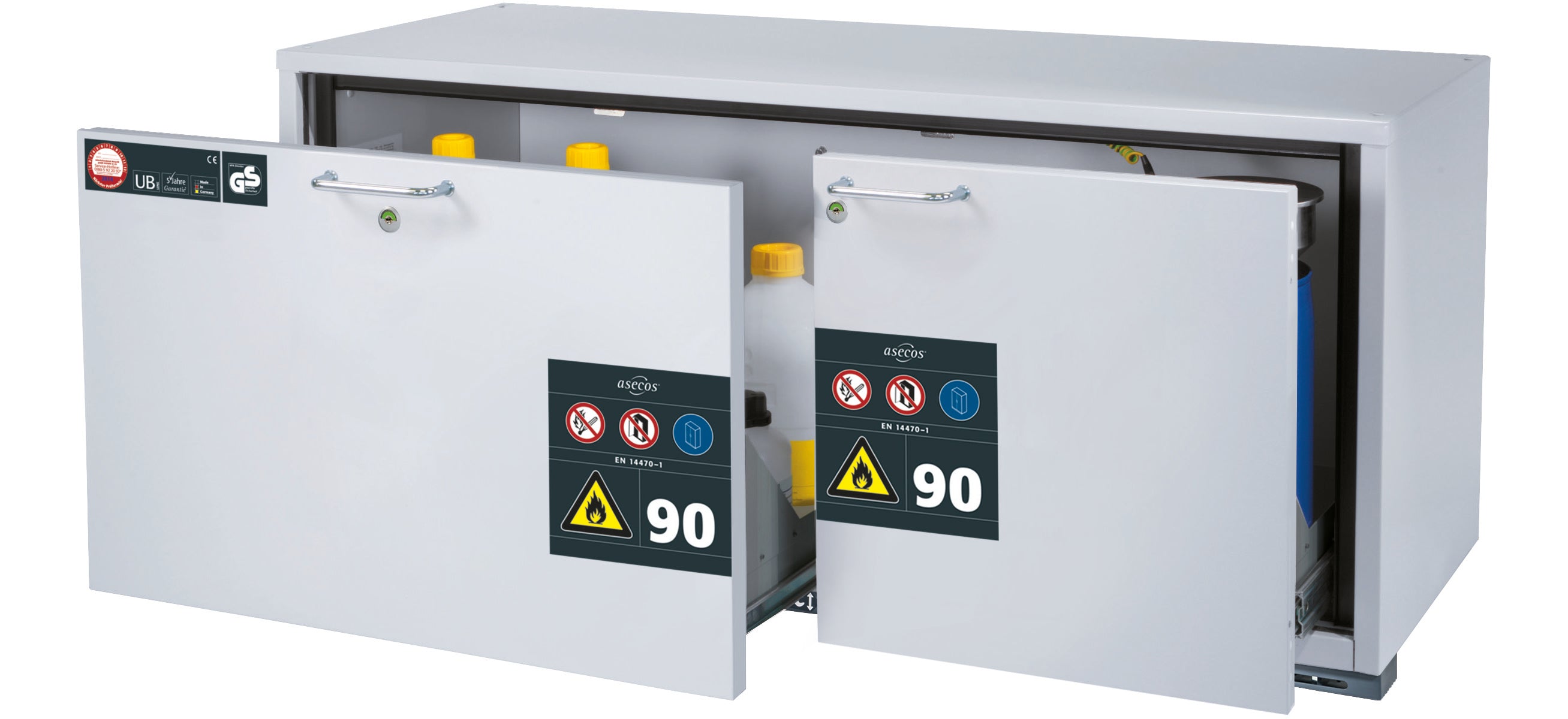 Typ 90 Sicherheitsunterbauschrank UB-S-90 Modell UB90.060.140.2S in lichtgrau RAL 7035 mit 2x Schubladenwanne STAWA-R (Edelstahl 1.4301)