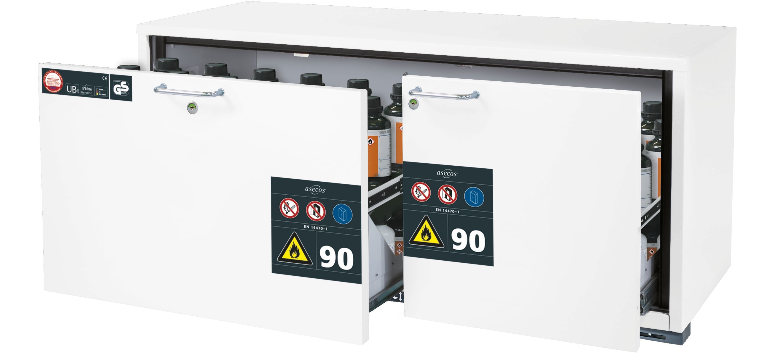 Typ 90 Sicherheitsunterbauschrank UB-S-90 Modell UB90.060.140.2S in laborweiss (ähnl. RAL 9016) mit 2x Schubladenwanne STAWA-R (Stahlblech)
