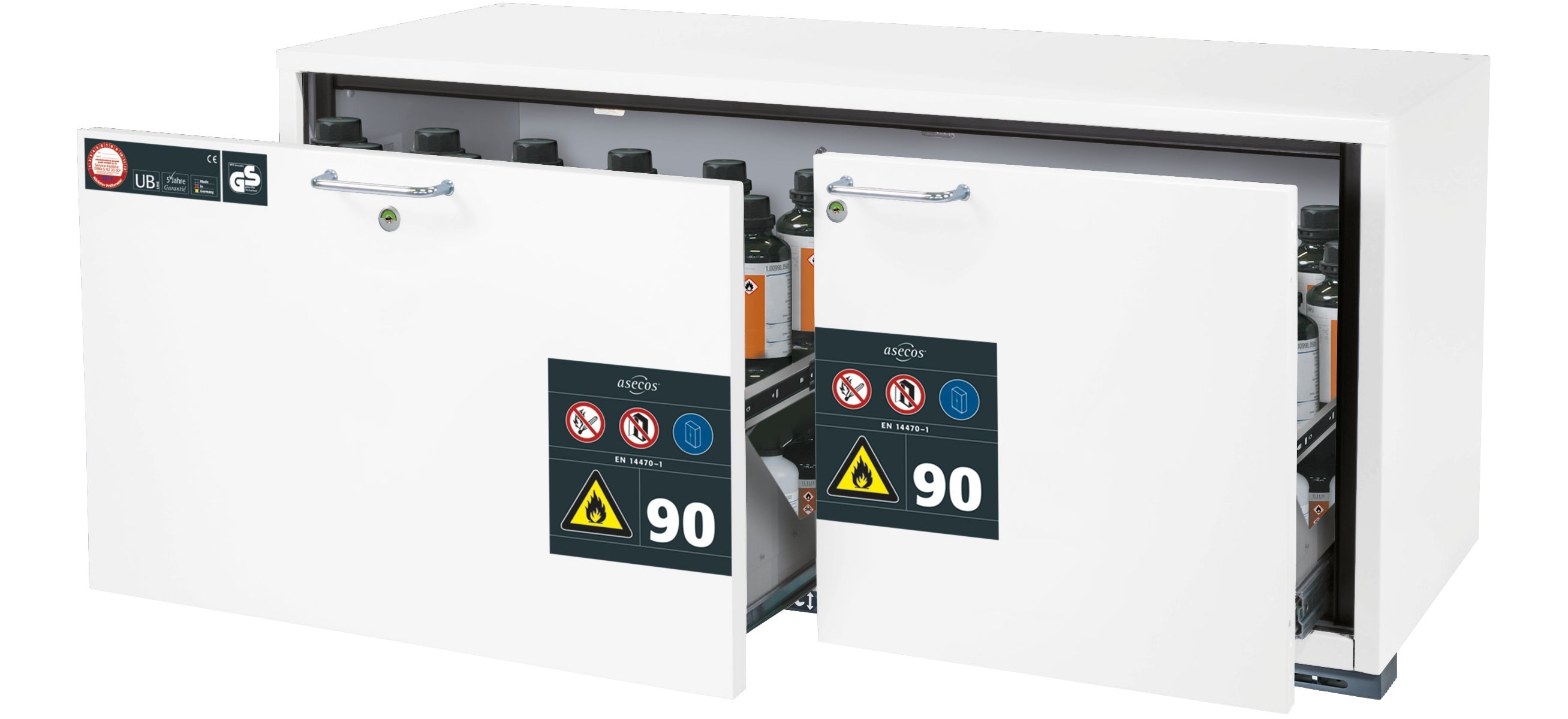 Typ 90 Sicherheitsunterbauschrank UB-S-90 Modell UB90.060.140.2S in laborweiss (ähnl. RAL 9016) mit 2x Schubladenwanne STAWA-R (Edelstahl 1.4301)