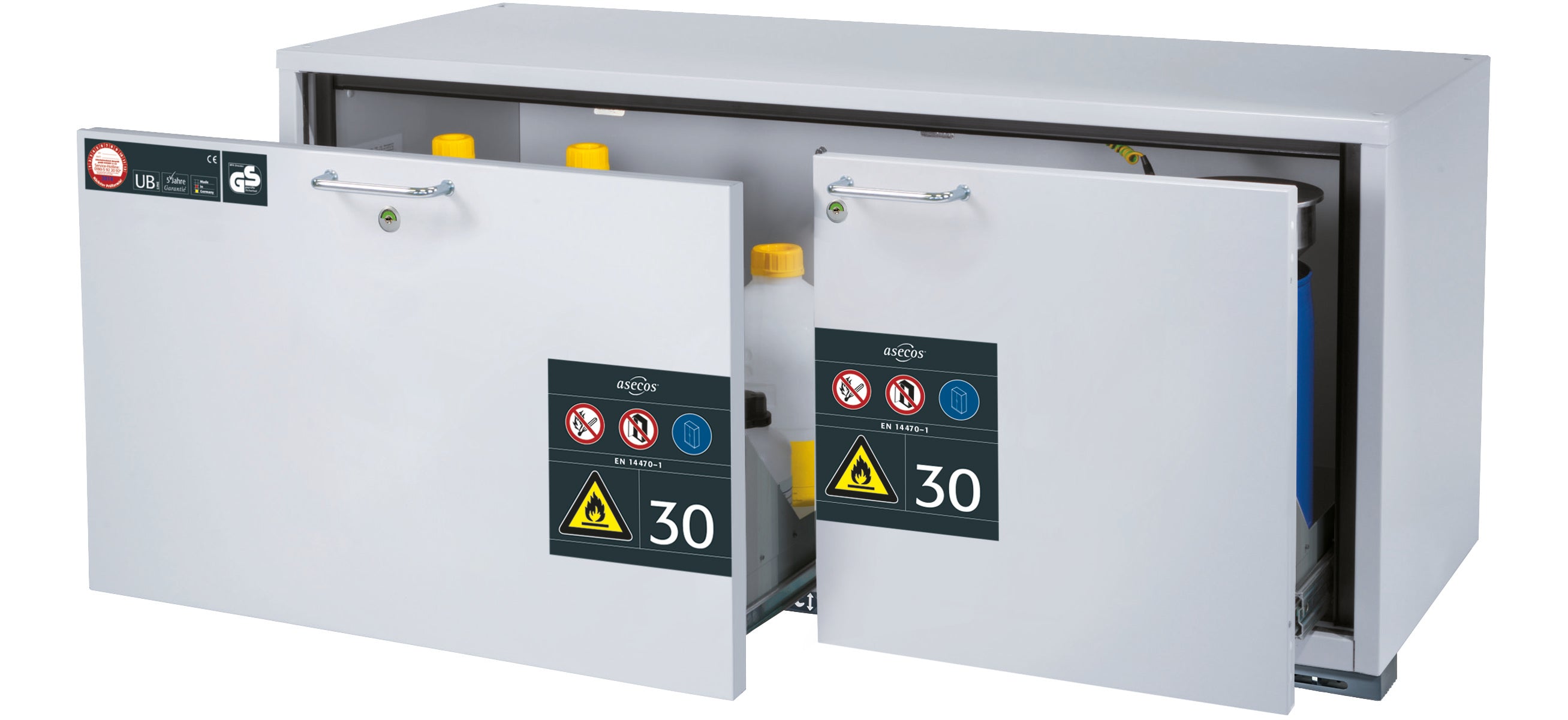 Type 30 safety base cabinet UB-S-30 model UB30.060.140.2S in light gray RAL 7035 with 2x drawer tray STAWA-R (stainless steel 1.4301)
