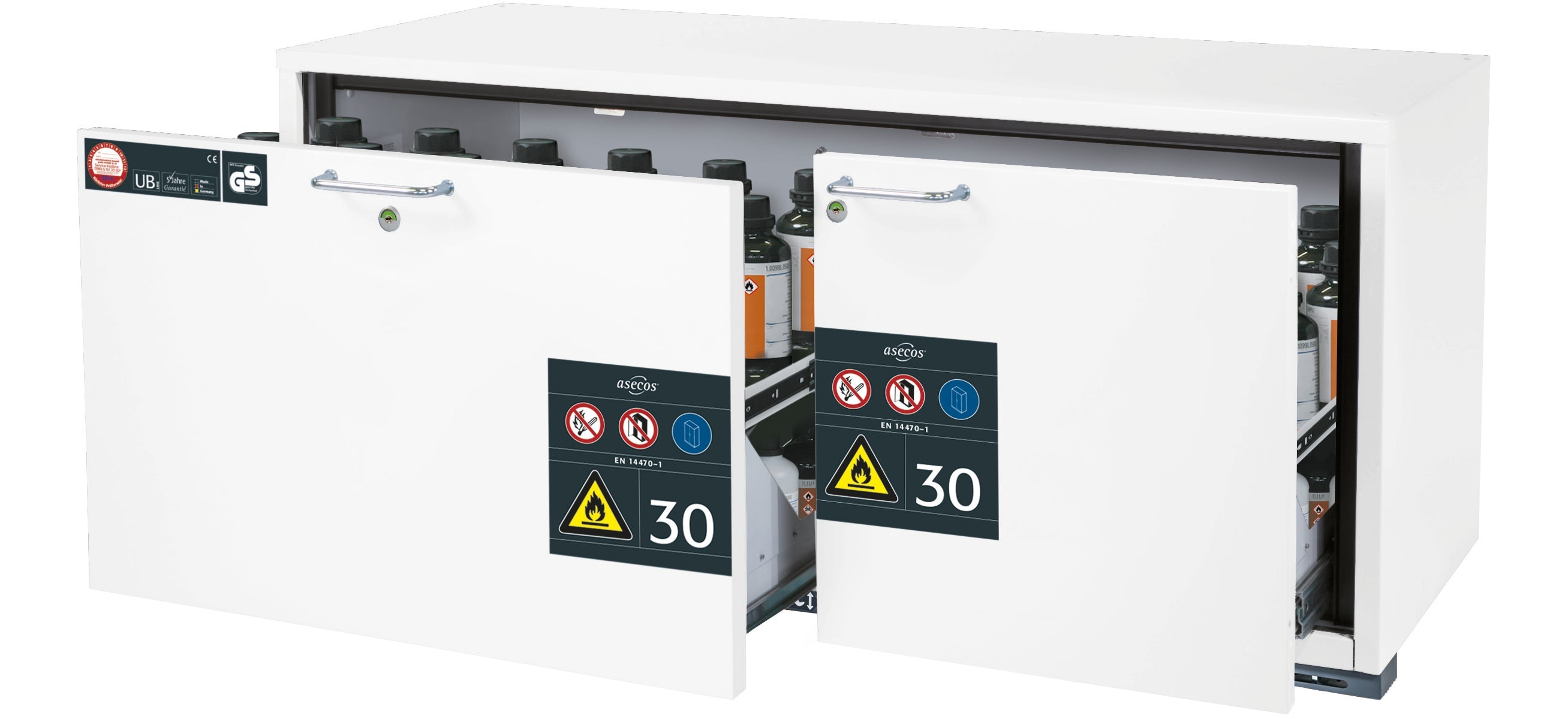 Type 30 safety base cabinet UB-S-30 model UB30.060.140.2S in laboratory white (similar to RAL 9016) with 2x drawer tray STAWA-R (sheet steel)