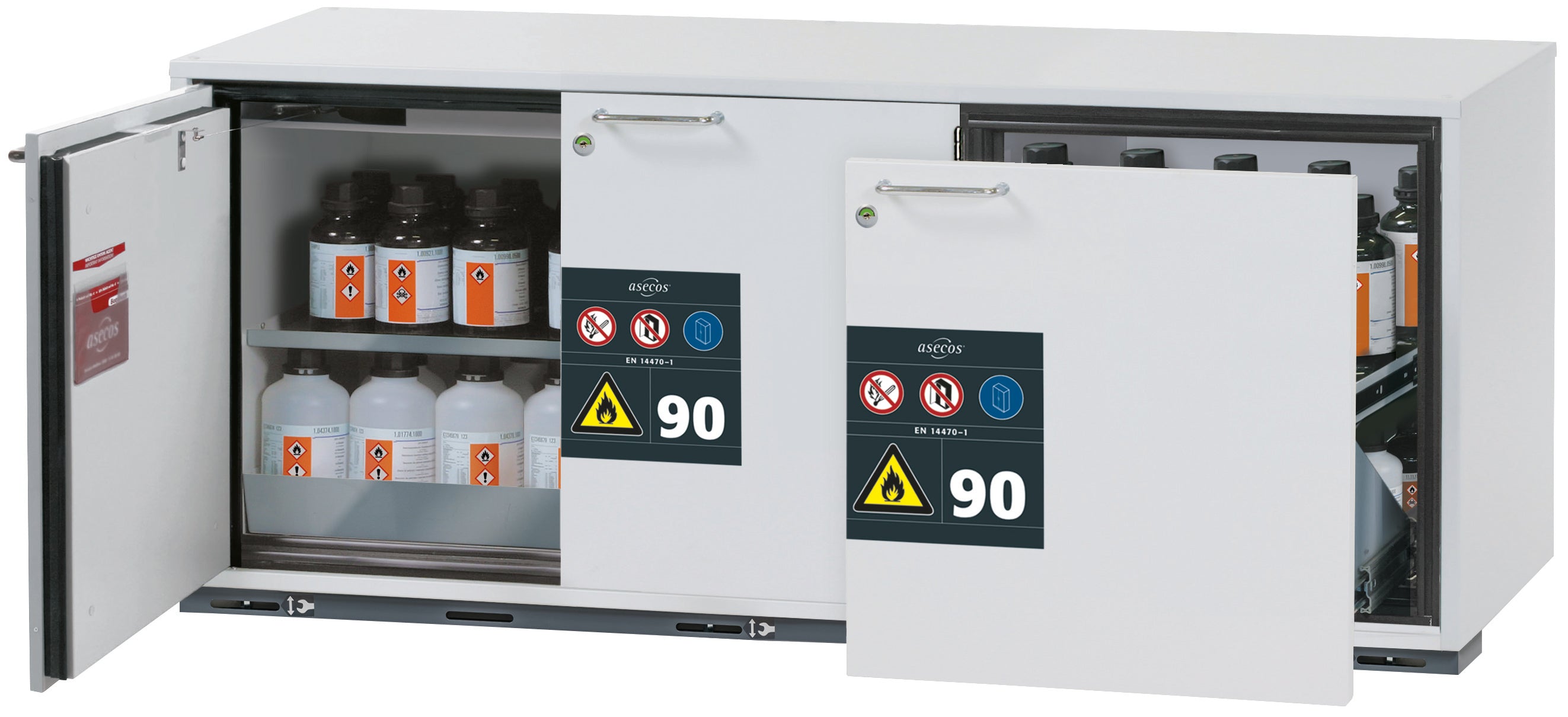 Typ 90 Sicherheitsunterbauschrank UB-ST-90 Modell UB90.060.140.S2T in lichtgrau RAL 7035 mit 1x Fachboden Standard (Edelstahl 1.4301)