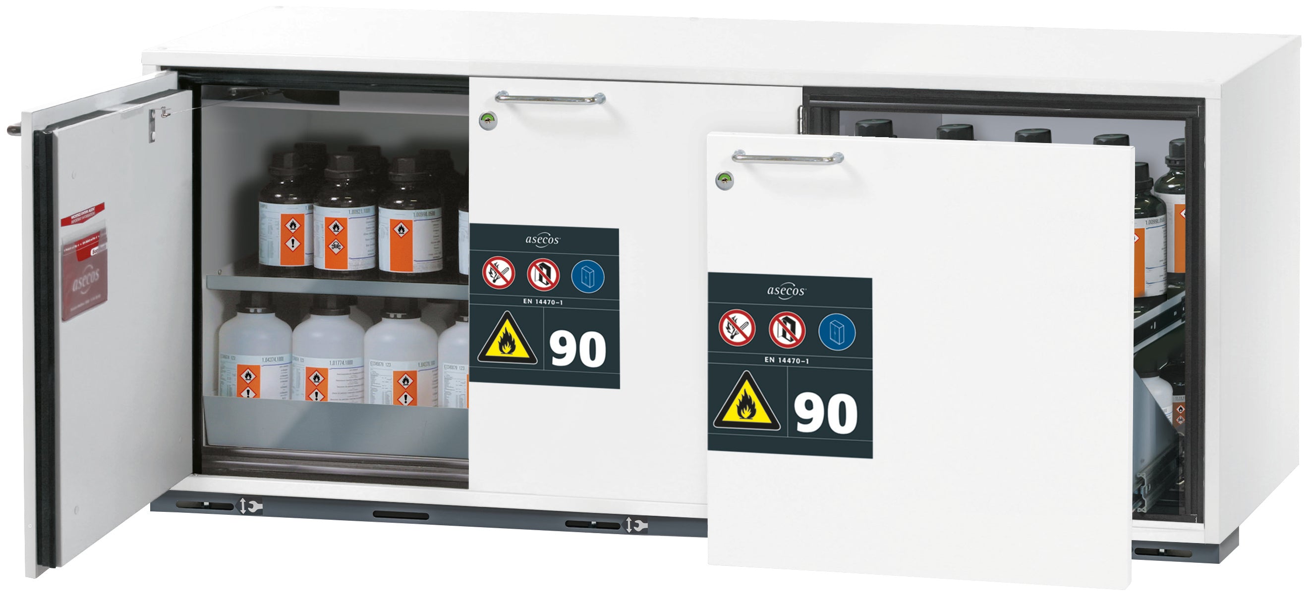 Typ 90 Sicherheitsunterbauschrank UB-ST-90 Modell UB90.060.140.S2T in laborweiss (ähnl. RAL 9016) mit 1x Fachboden Standard (Edelstahl 1.4301)