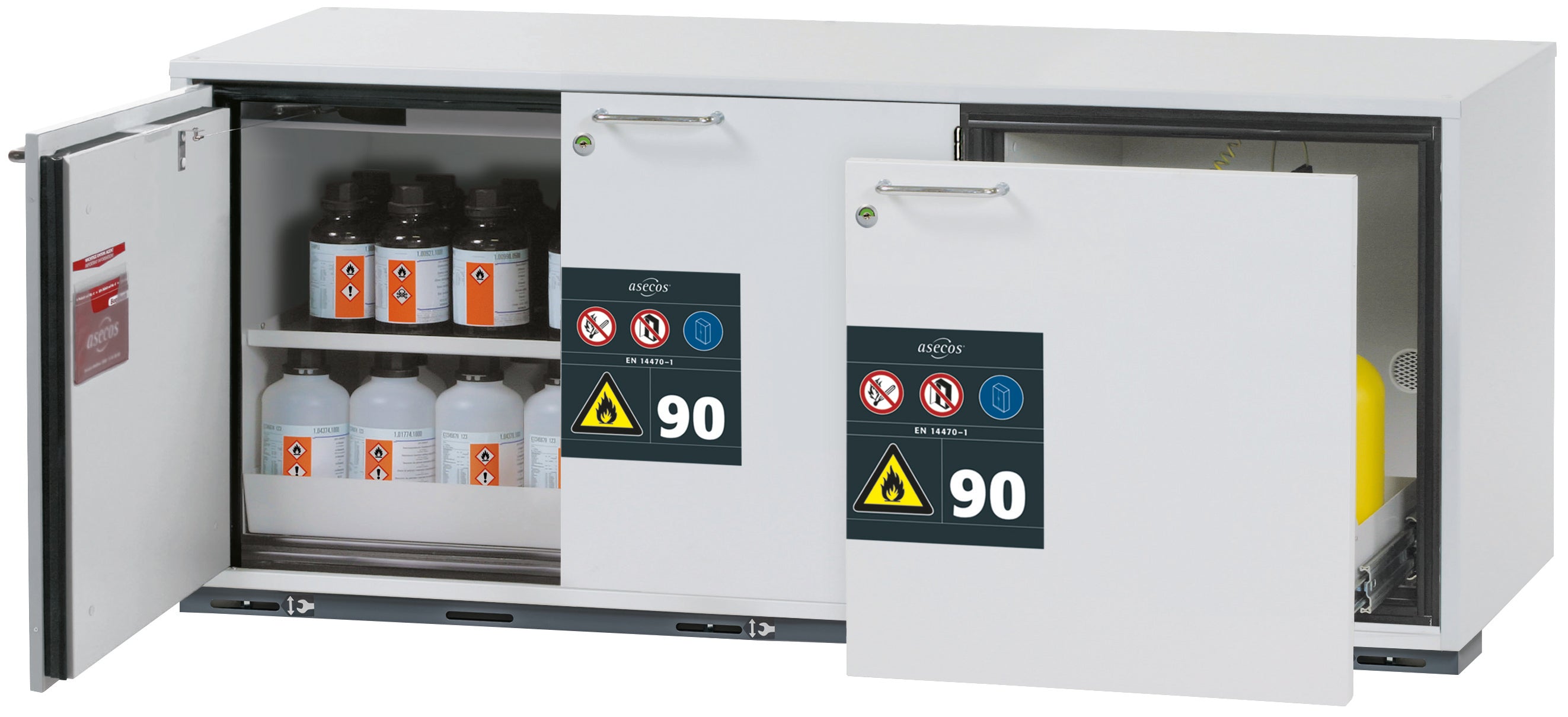 Typ 90 Sicherheitsunterbauschrank UB-ST-90 Modell UB90.060.140.050.S2T in lichtgrau RAL 7035 mit 1x Fachboden Standard (Stahlblech)