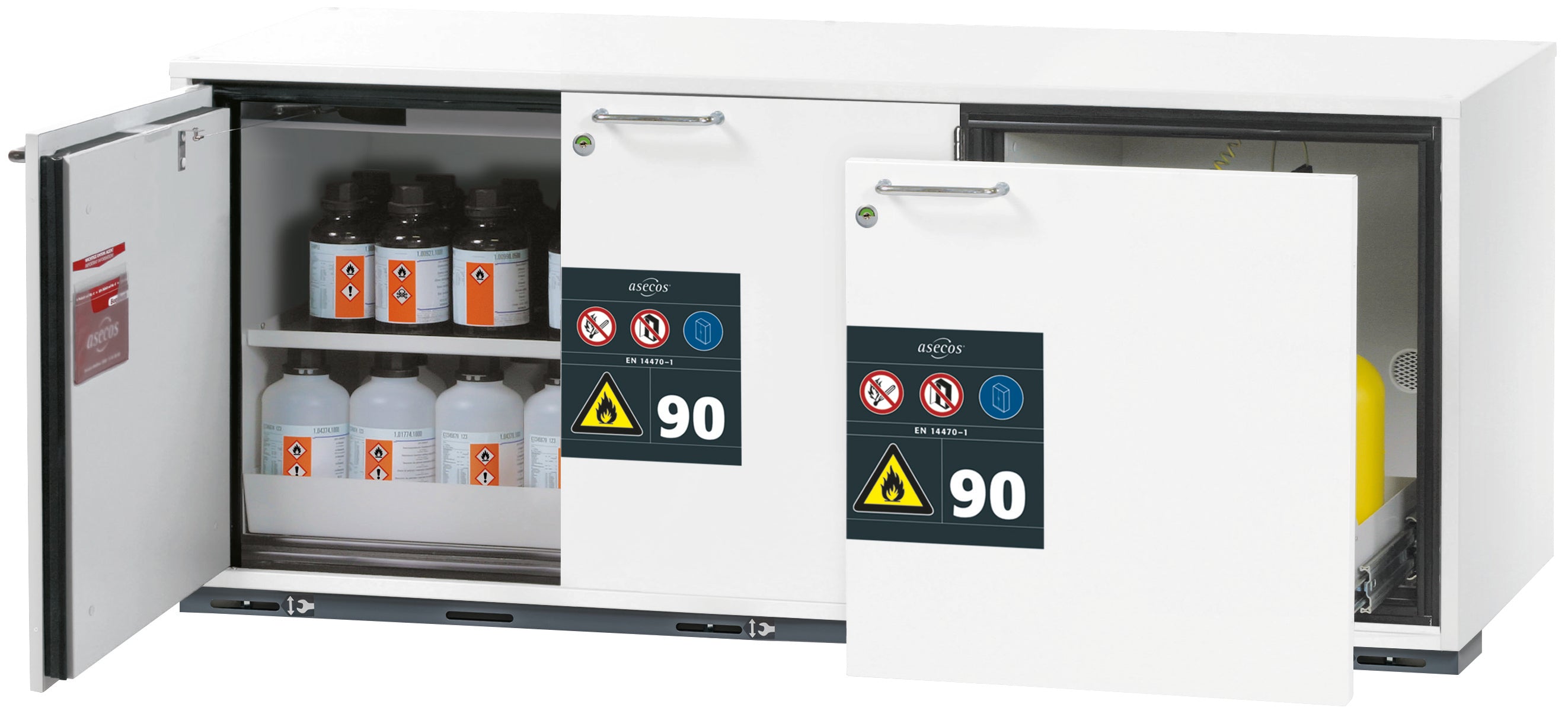 Typ 90 Sicherheitsunterbauschrank UB-ST-90 Modell UB90.060.140.050.S2T in laborweiss (ähnl. RAL 9016) mit 1x Fachboden Standard (Stahlblech)