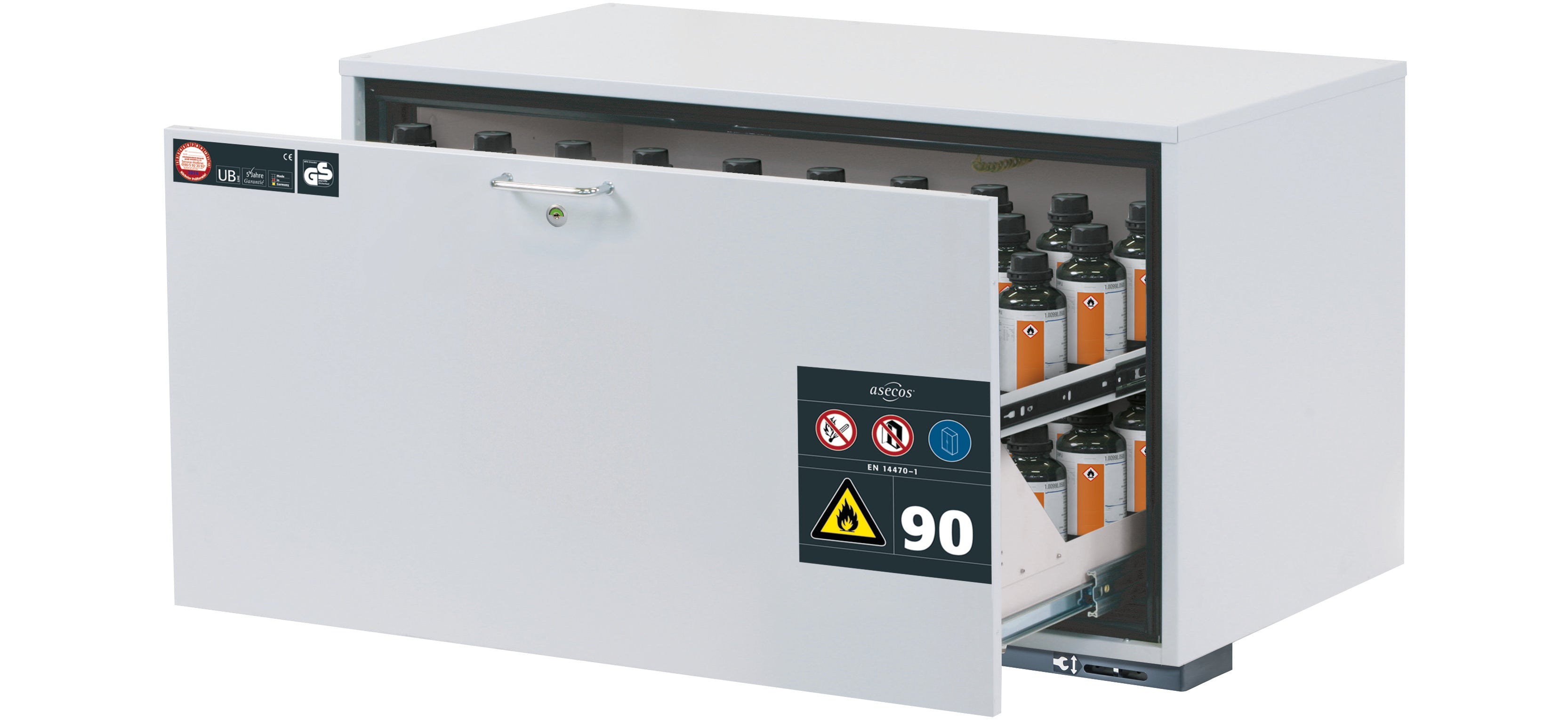 Typ 90 Sicherheitsunterbauschrank UB-S-90 Modell UB90.060.110.S in lichtgrau RAL 7035 mit 1x Schubladenwanne STAWA-R (Stahlblech)