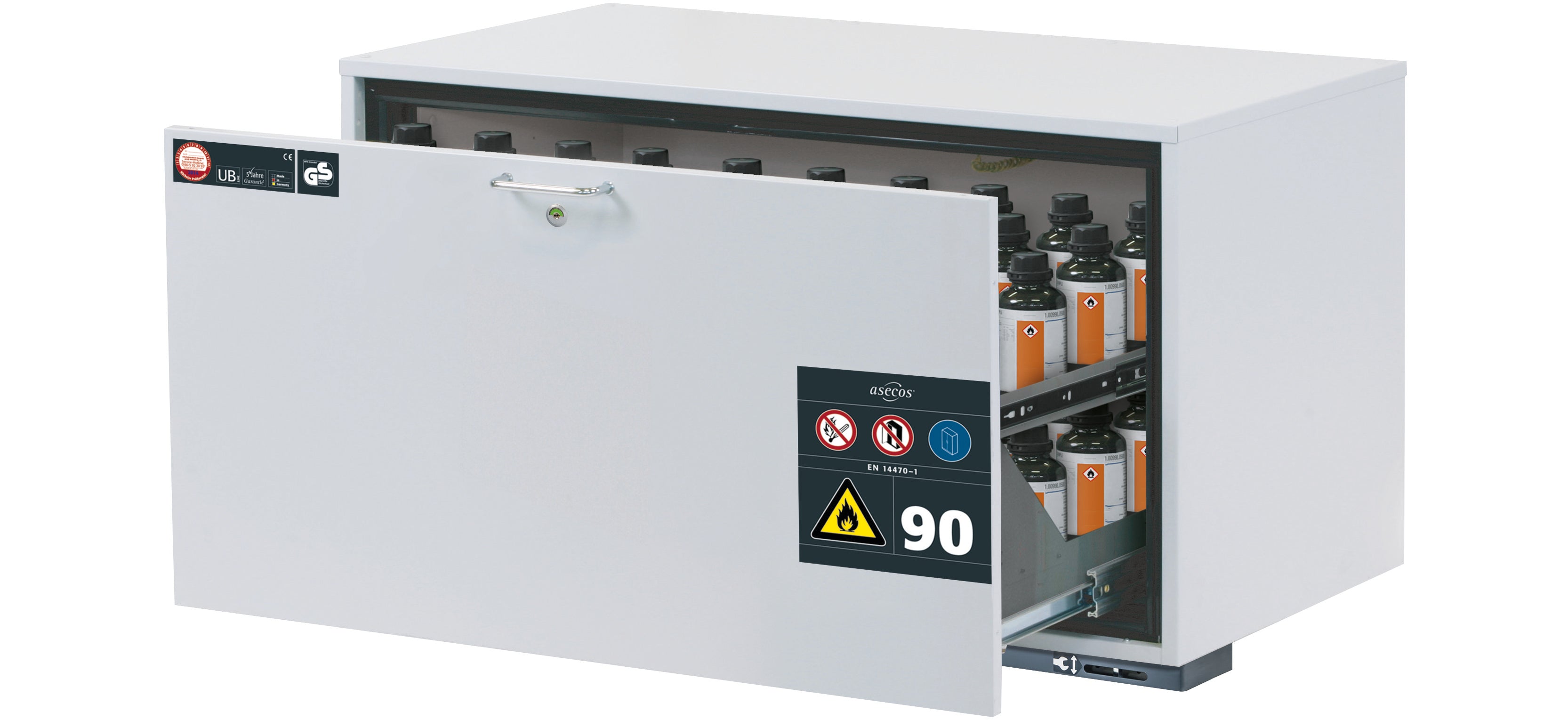 Type 90 safety base cabinet UB-S-90 model UB90.060.110.S in light gray RAL 7035 with 1x drawer tray STAWA-R (stainless steel 1.4301)