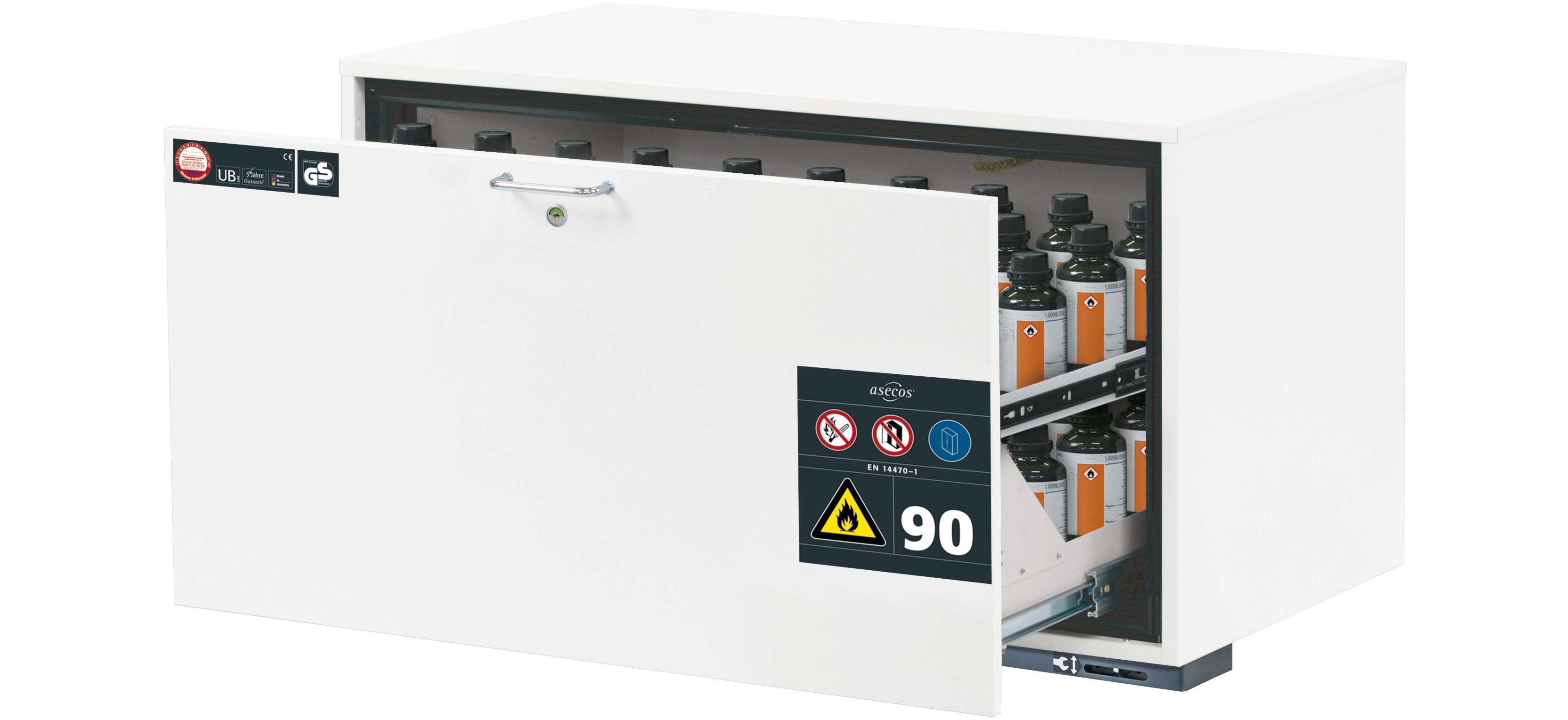 Typ 90 Sicherheitsunterbauschrank UB-S-90 Modell UB90.060.110.S in laborweiss (ähnl. RAL 9016) mit 1x Schubladenwanne STAWA-R (Stahlblech)