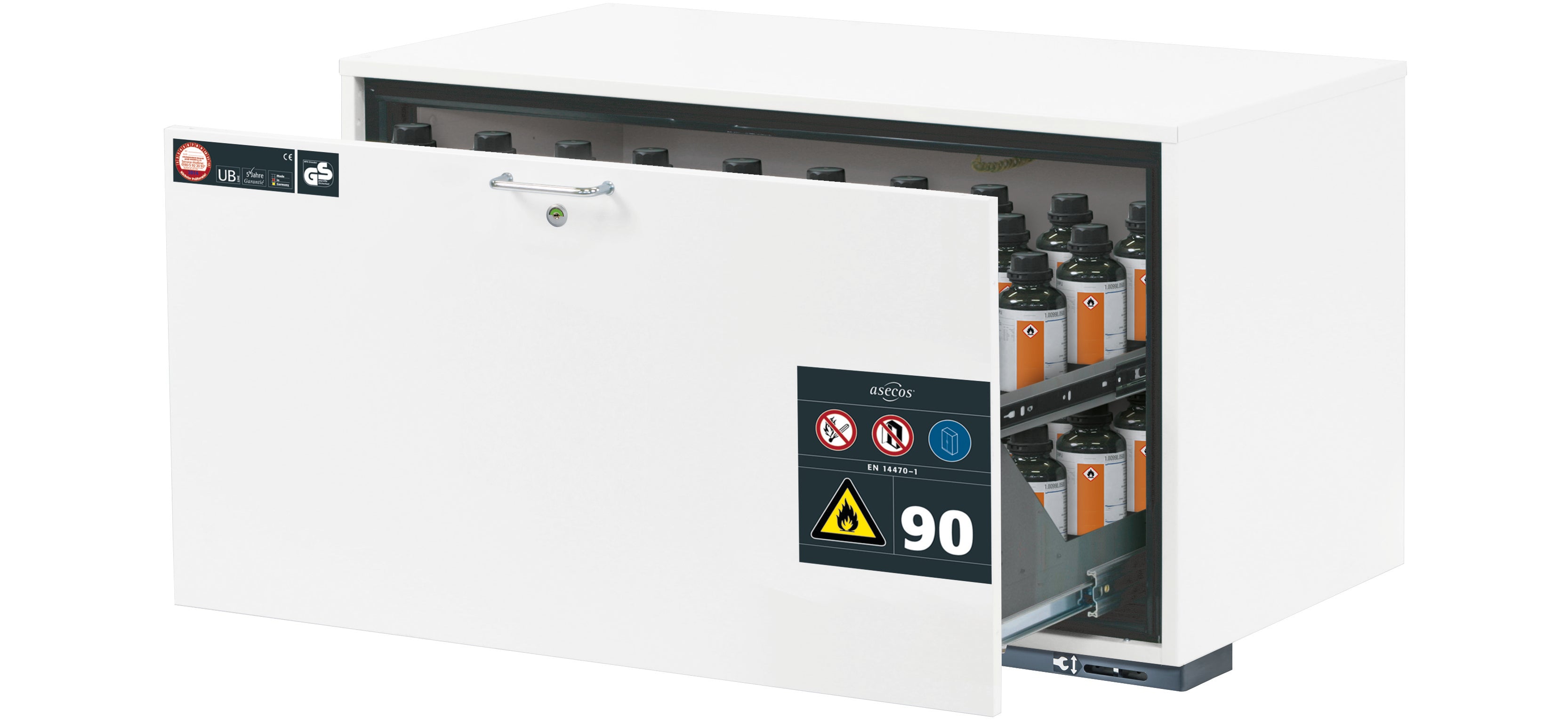 Typ 90 Sicherheitsunterbauschrank UB-S-90 Modell UB90.060.110.S in laborweiss (ähnl. RAL 9016) mit 1x Schubladenwanne STAWA-R (Edelstahl 1.4301)