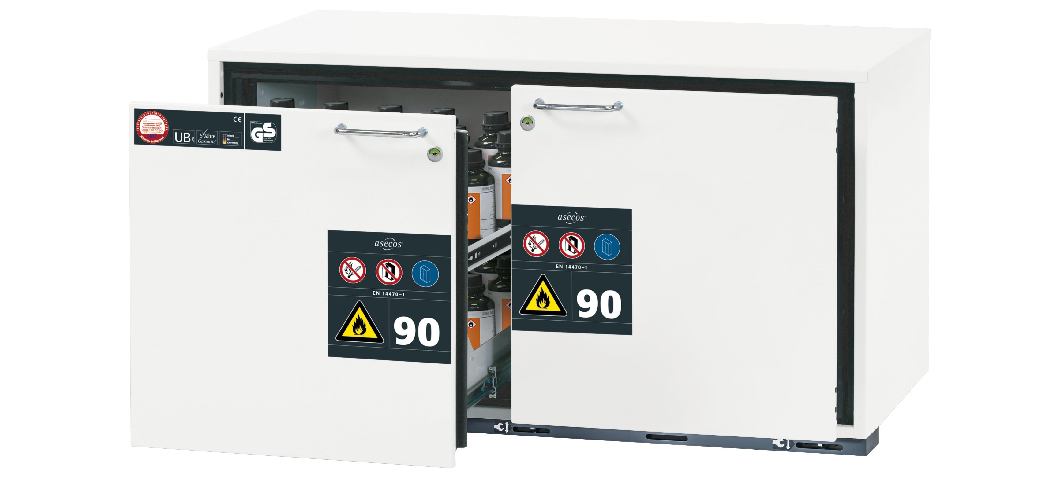 Type 90 safety base cabinet UB-S-90 model UB90.060.110.2S in laboratory white (similar to RAL 9016) with 2x drawer tray STAWA-R (sheet steel)