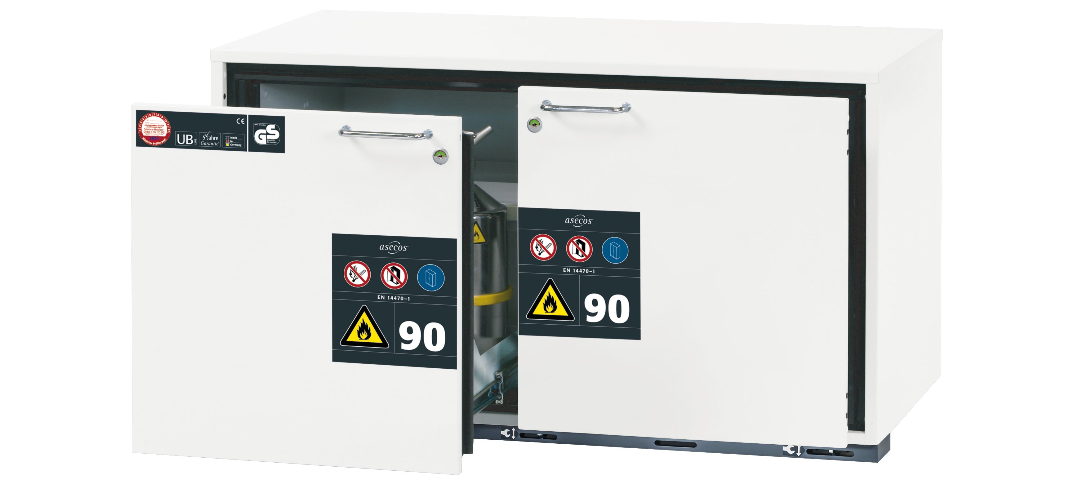 Type 90 safety base cabinet UB-S-90 model UB90.060.110.2S in laboratory white (similar to RAL 9016) with 2x drawer tray STAWA-R (stainless steel 1.4301)