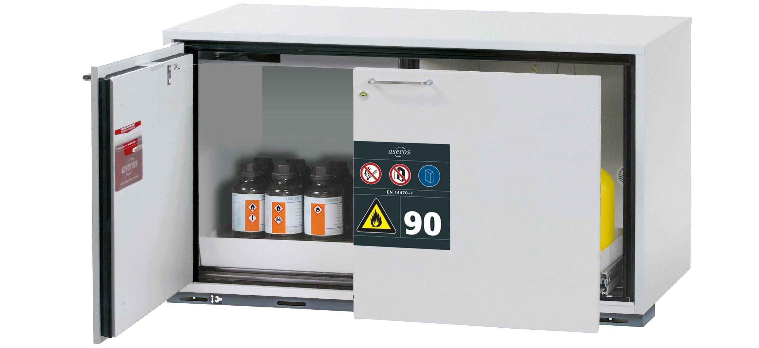 Typ 90 Sicherheitsunterbauschrank UB-ST-90 Modell UB90.060.110.ST in lichtgrau RAL 7035 mit 1x Lochblecheinsatz Standard (Stahlblech)