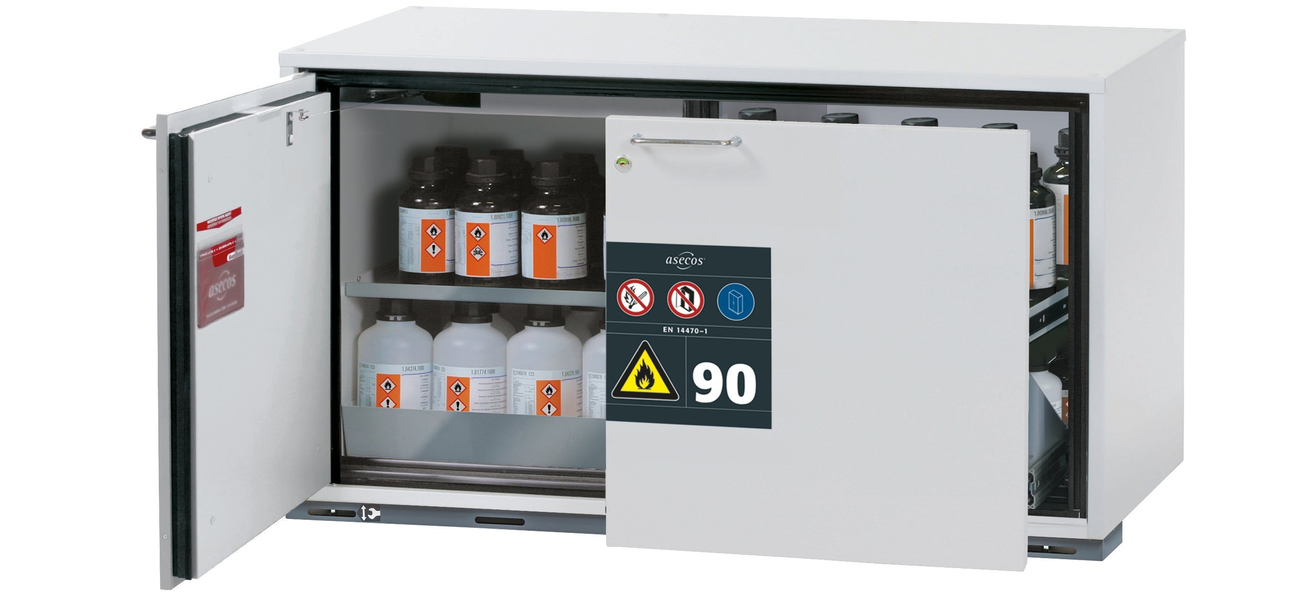 Typ 90 Sicherheitsunterbauschrank UB-ST-90 Modell UB90.060.110.ST in lichtgrau RAL 7035 mit 1x Fachboden Standard (Edelstahl 1.4301)