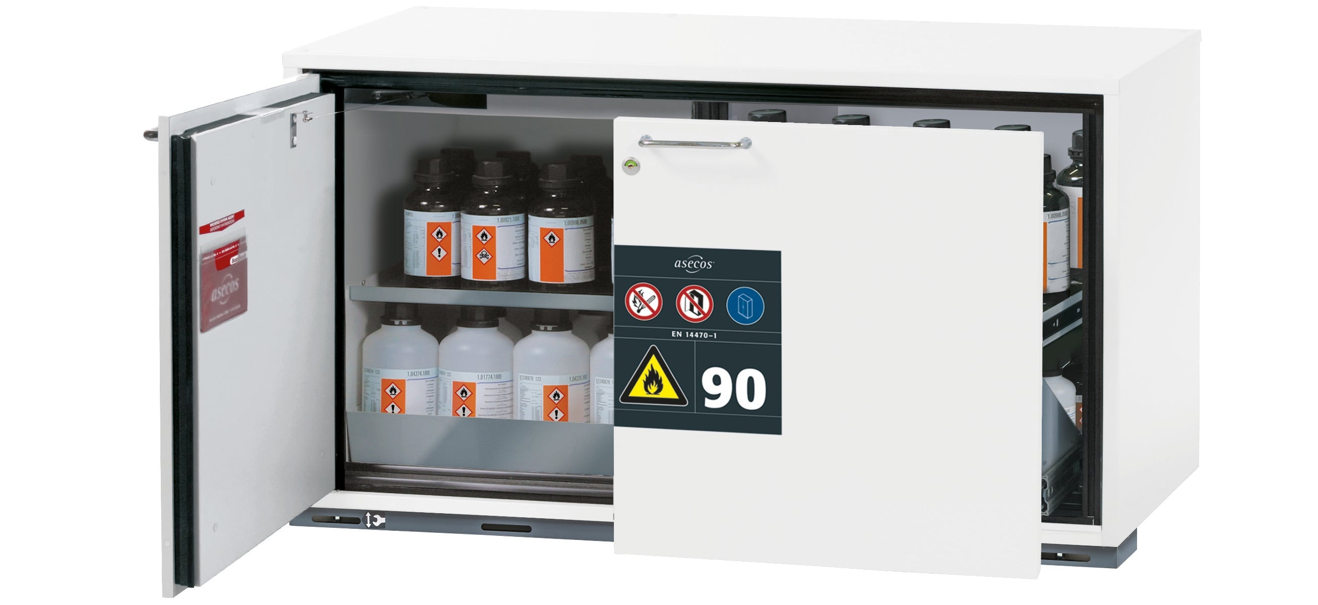 Typ 90 Sicherheitsunterbauschrank UB-ST-90 Modell UB90.060.110.ST in laborweiss (ähnl. RAL 9016) mit 1x Fachboden Standard (Edelstahl 1.4301)