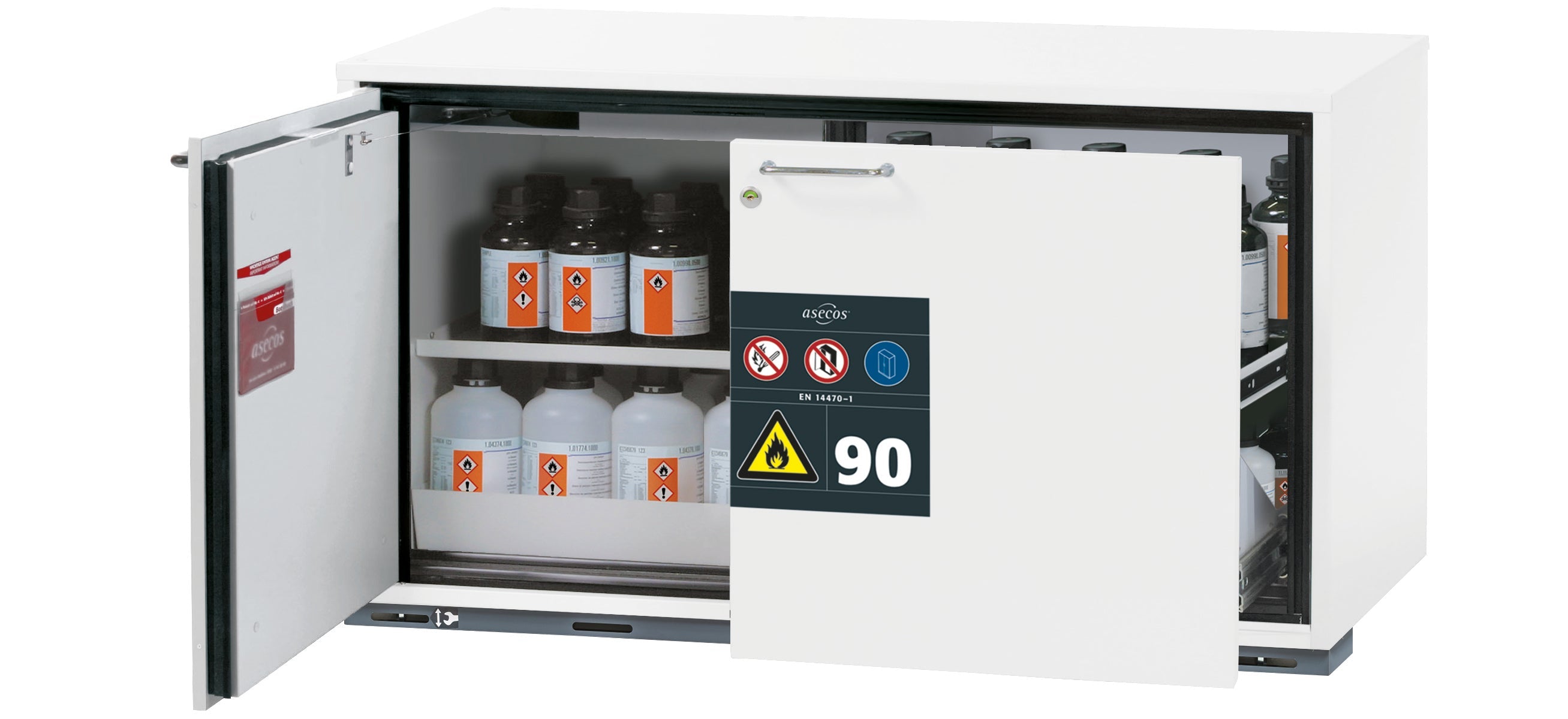 Typ 90 Sicherheitsunterbauschrank UB-ST-90 Modell UB90.060.110.ST in laborweiss (ähnl. RAL 9016) mit 1x Fachboden Standard (Stahlblech)