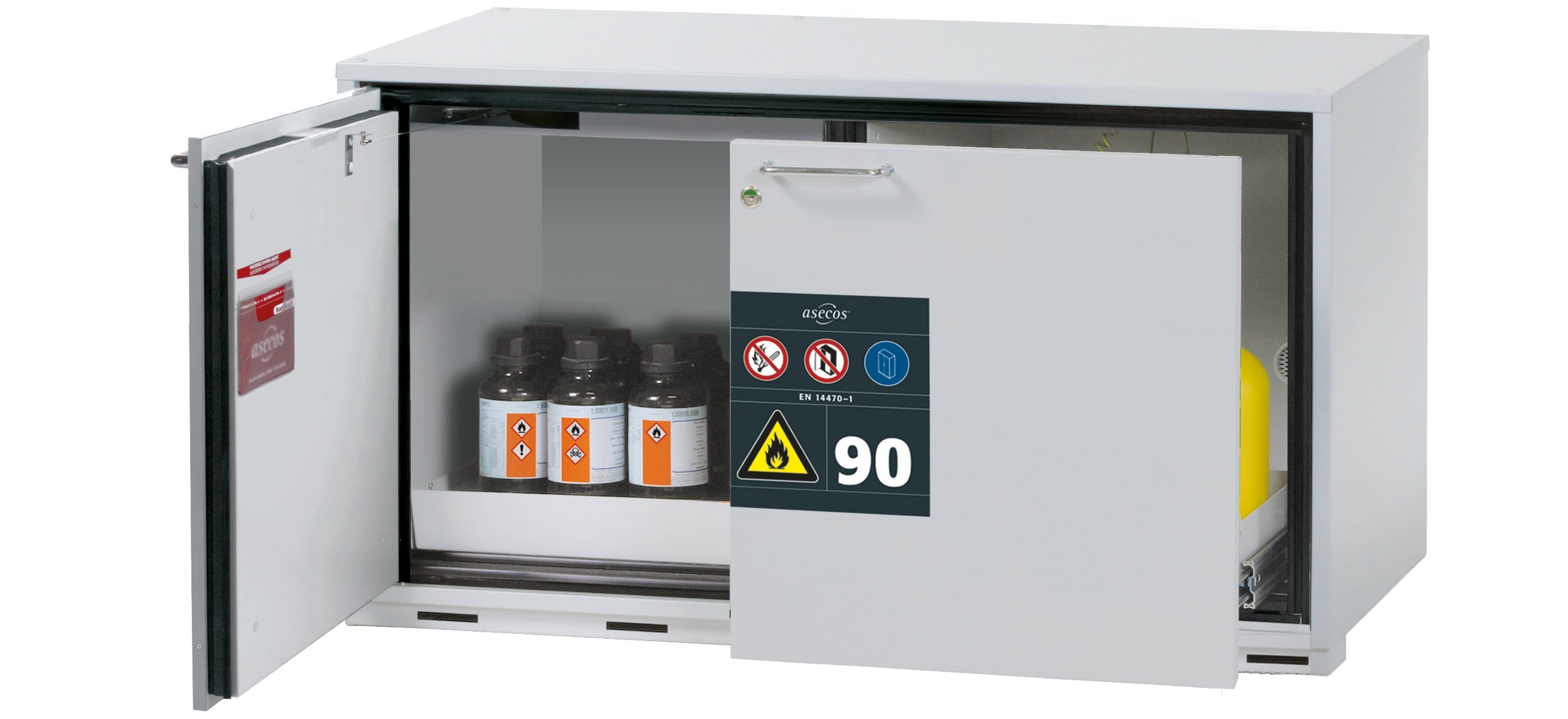 Typ 90 Sicherheitsunterbauschrank UB-ST-90 Modell UB90.060.110.050.ST in lichtgrau RAL 7035 mit 1x Lochblecheinsatz Standard (Stahlblech)