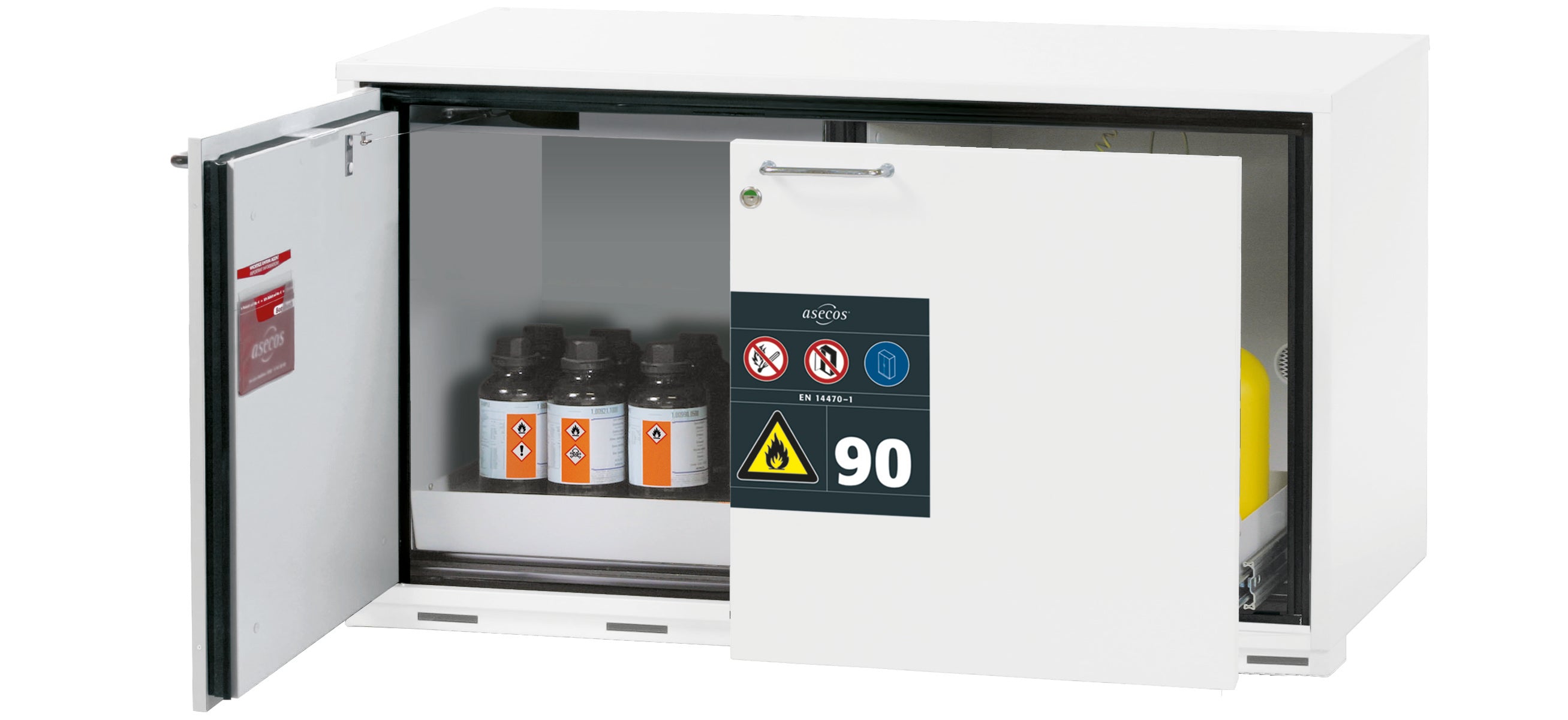 Typ 90 Sicherheitsunterbauschrank UB-ST-90 Modell UB90.060.110.050.ST in laborweiss (ähnl. RAL 9016) mit 1x Lochblecheinsatz Standard (Stahlblech)
