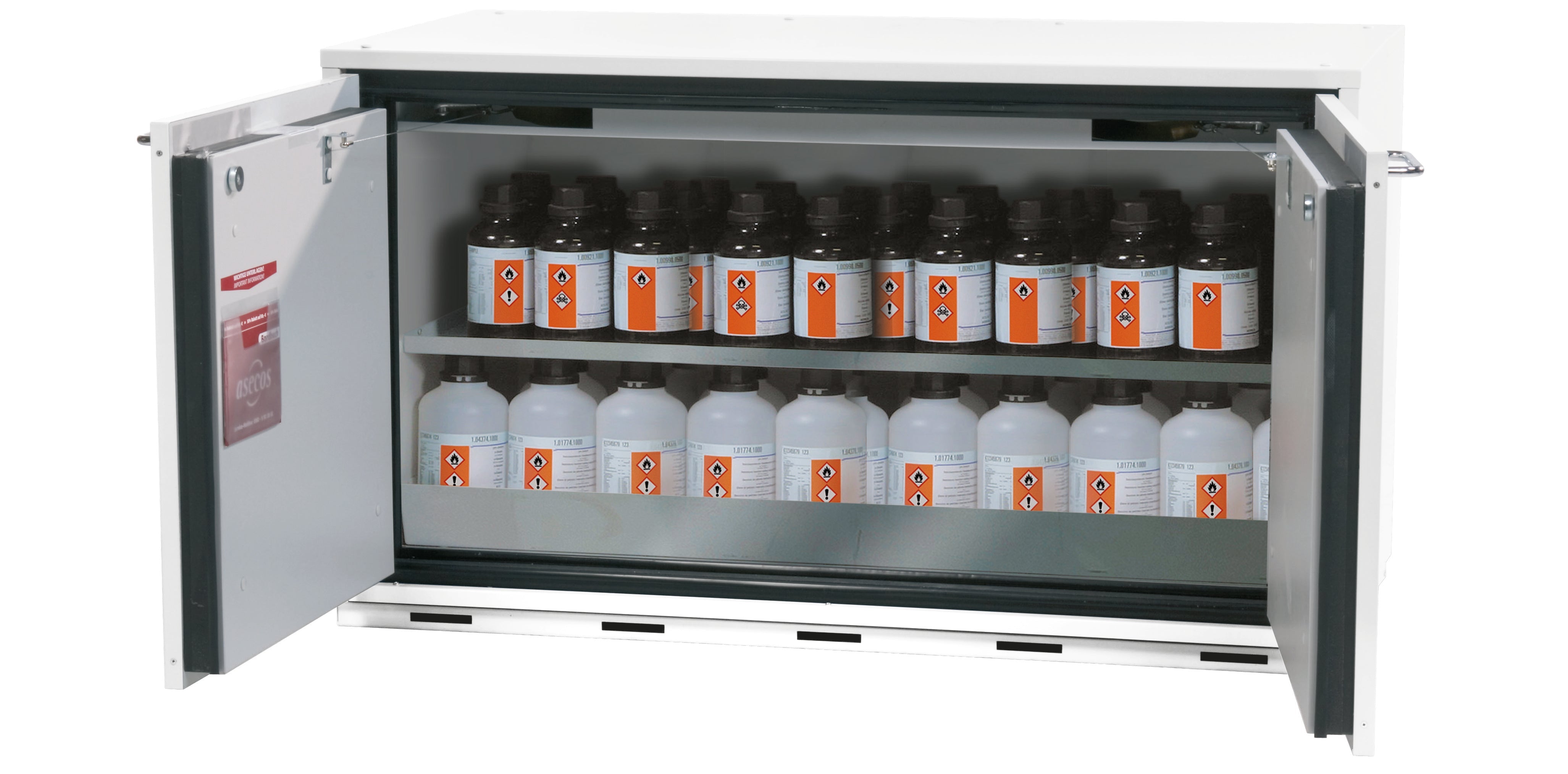 Armoire de base de sécurité type 30 UB-T-30 modèle UB30.060.110.2T en blanc de laboratoire (similaire à RAL 9016) avec 1x étagère standard (acier inoxydable 1.4301)