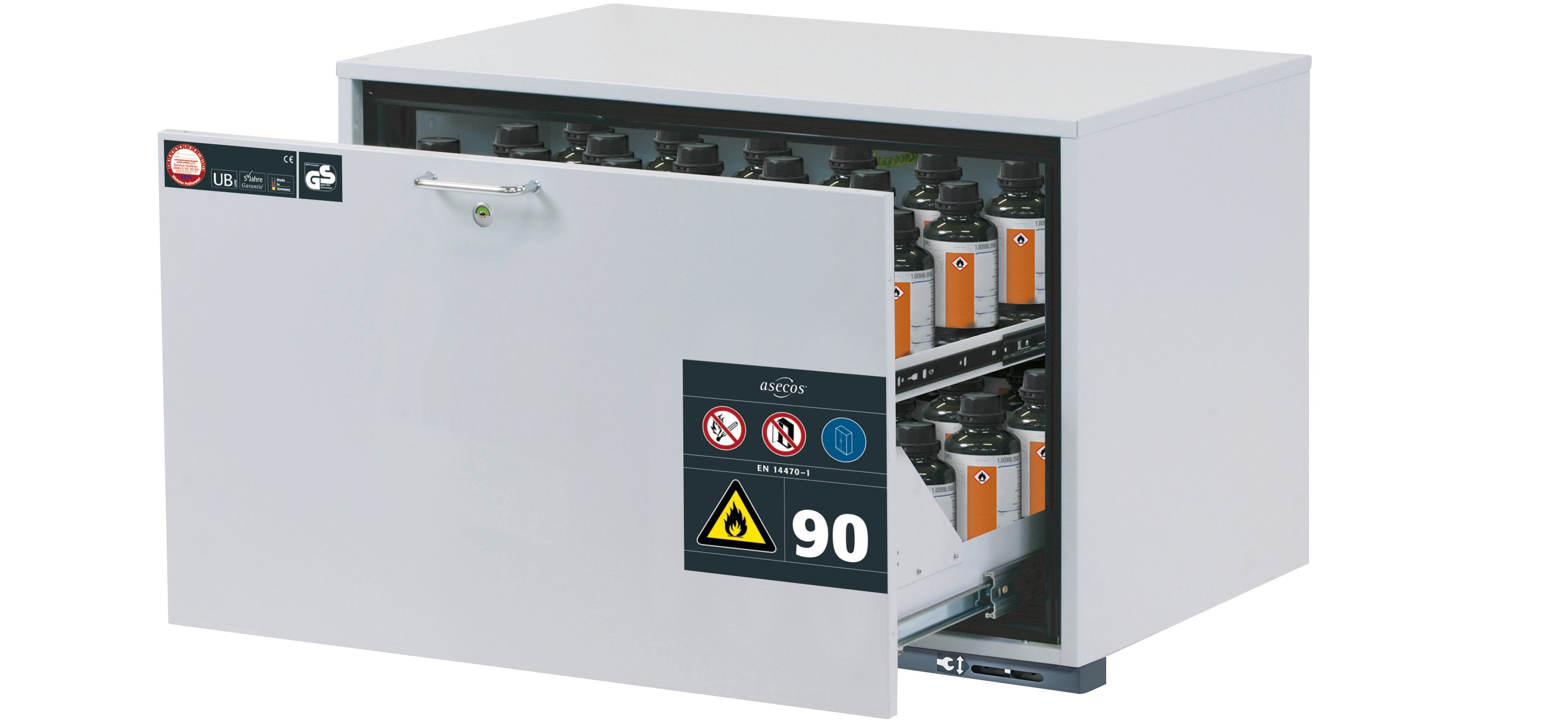 Type 90 safety base cabinet UB-S-90 model UB90.060.089.S in light gray RAL 7035 with 1x drawer tray STAWA-R (sheet steel)