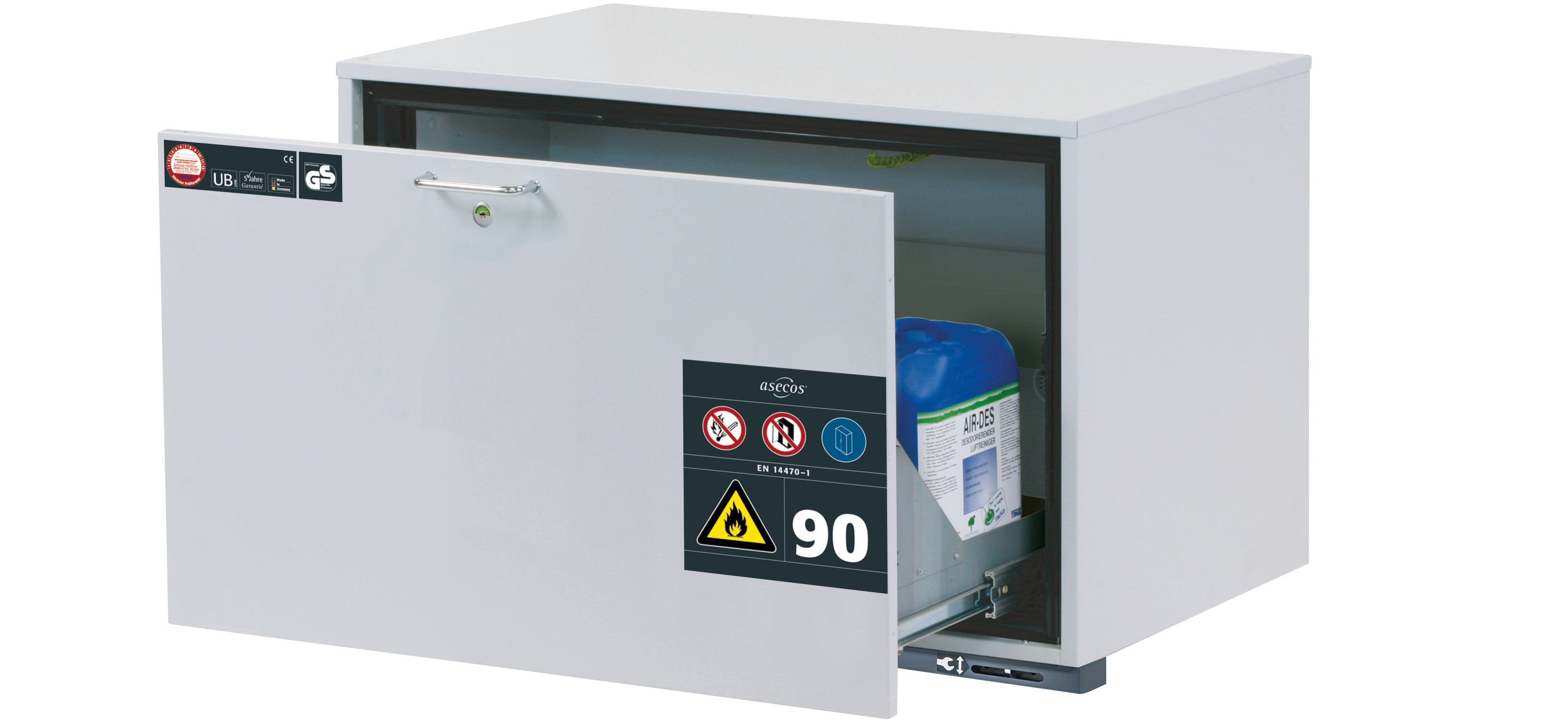 Type 90 safety base cabinet UB-S-90 model UB90.060.089.S in light gray RAL 7035 with 1x drawer tray STAWA-R (stainless steel 1.4301)