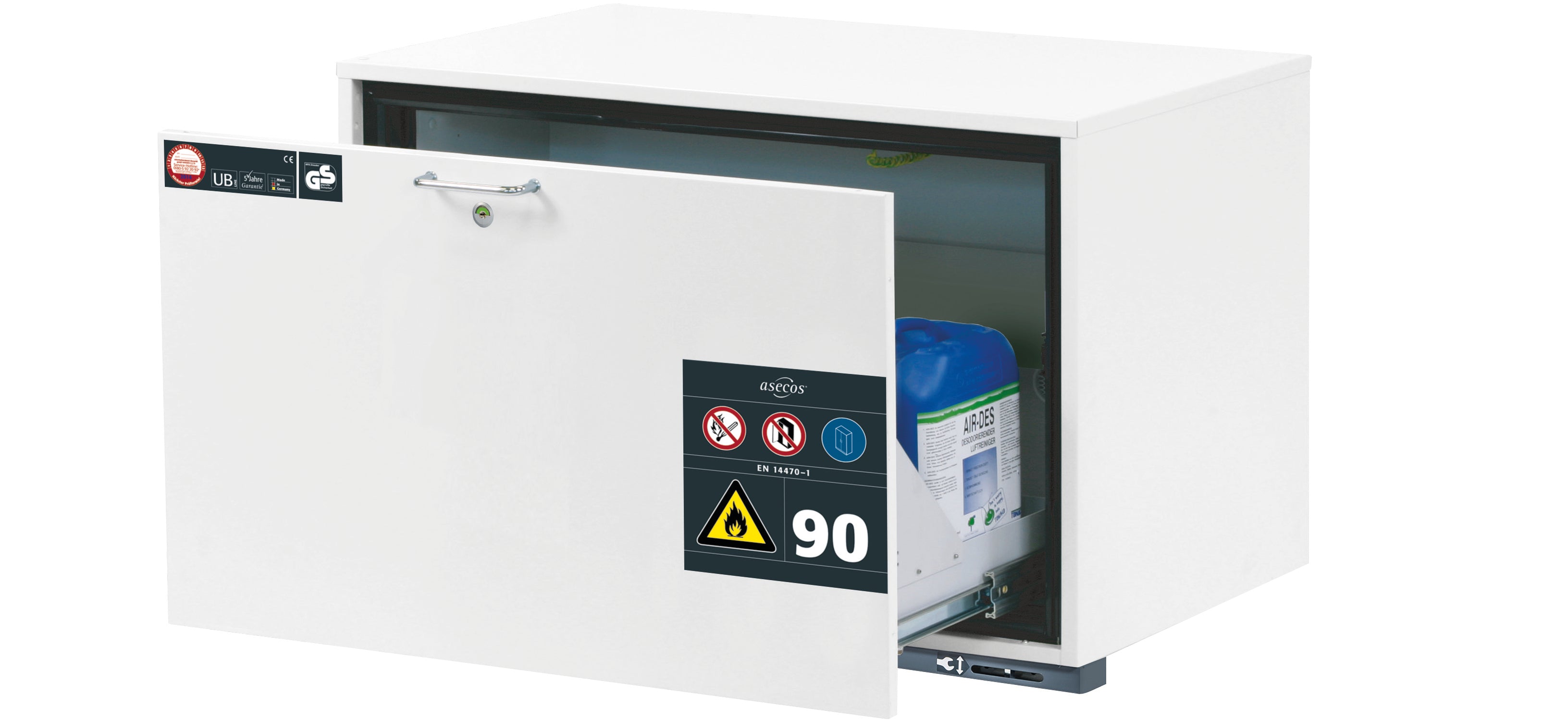 Armoire de base de sécurité type 90 UB-S-90 modèle UB90.060.089.S en blanc de laboratoire (similaire à RAL 9016) avec 1x plateau à tiroirs STAWA-R (tôle d'acier)