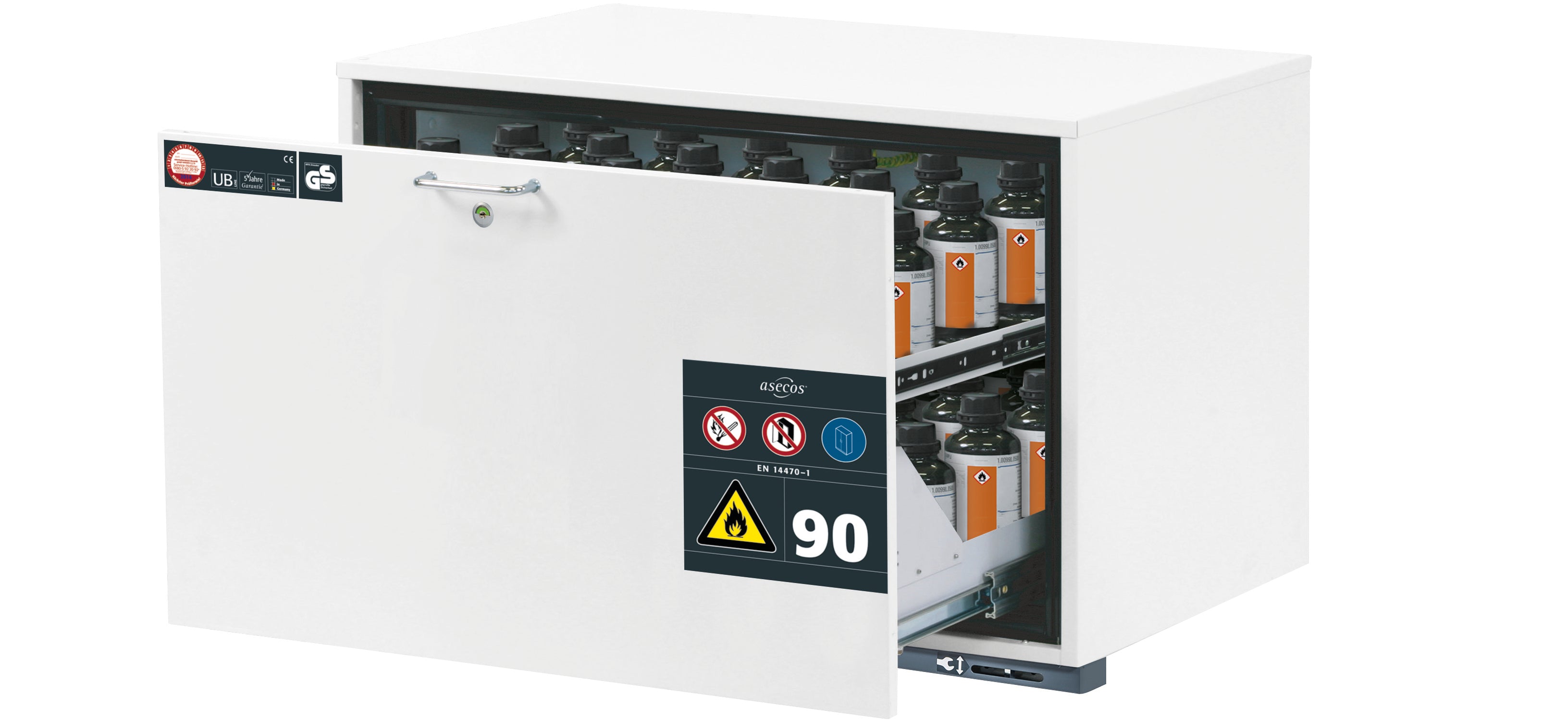 Type 90 safety base cabinet UB-S-90 model UB90.060.089.S in laboratory white (similar to RAL 9016) with 1x drawer tray STAWA-R (sheet steel)